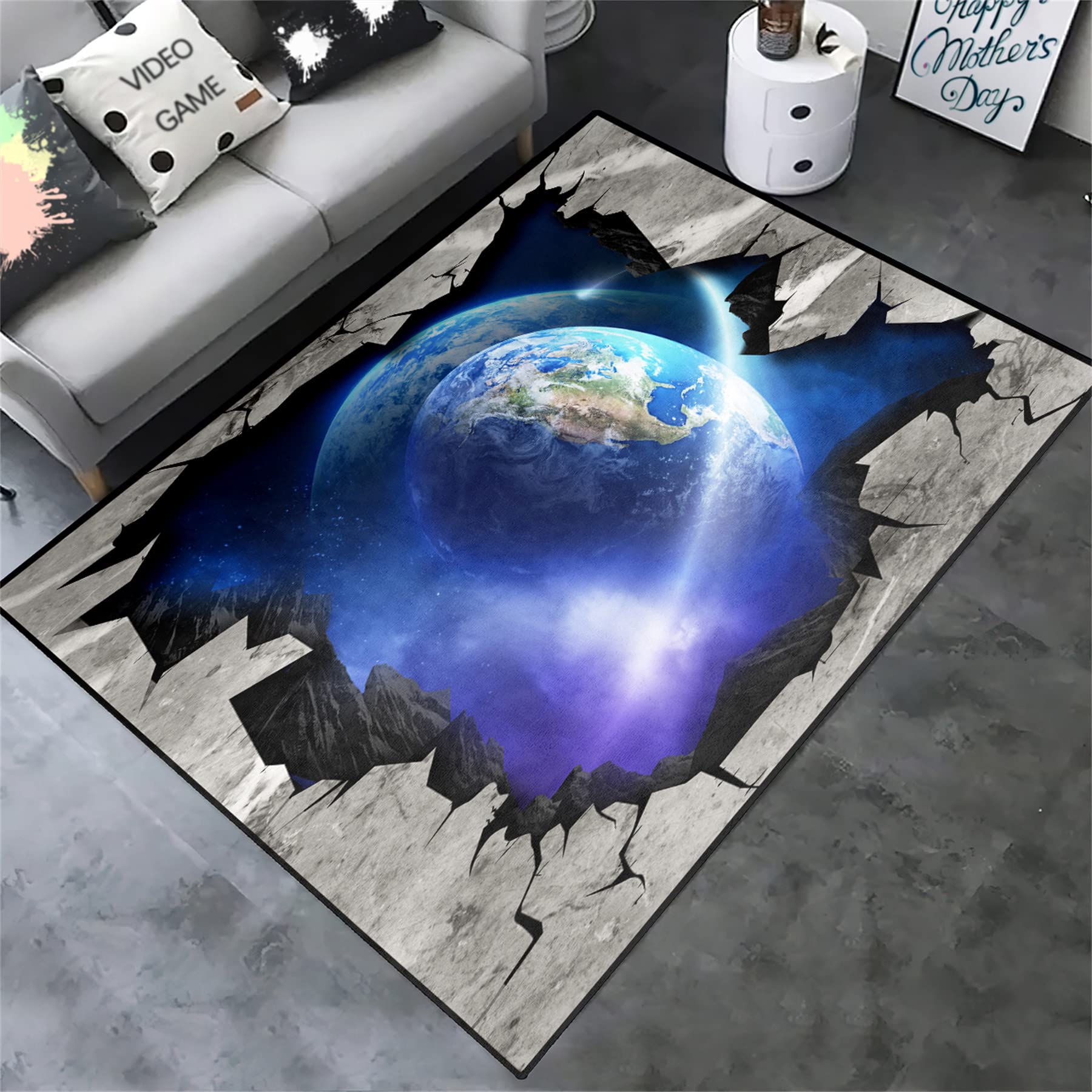 3D Universe Planets Print Area Rug - Outer Space Star System Floor Mat for Kids Bedroom & Living Room - Blue Earth Play Mat - Non-Slip Decorative Carpet 3'x4' - Perfect for Space Themed Decor & Playrooms