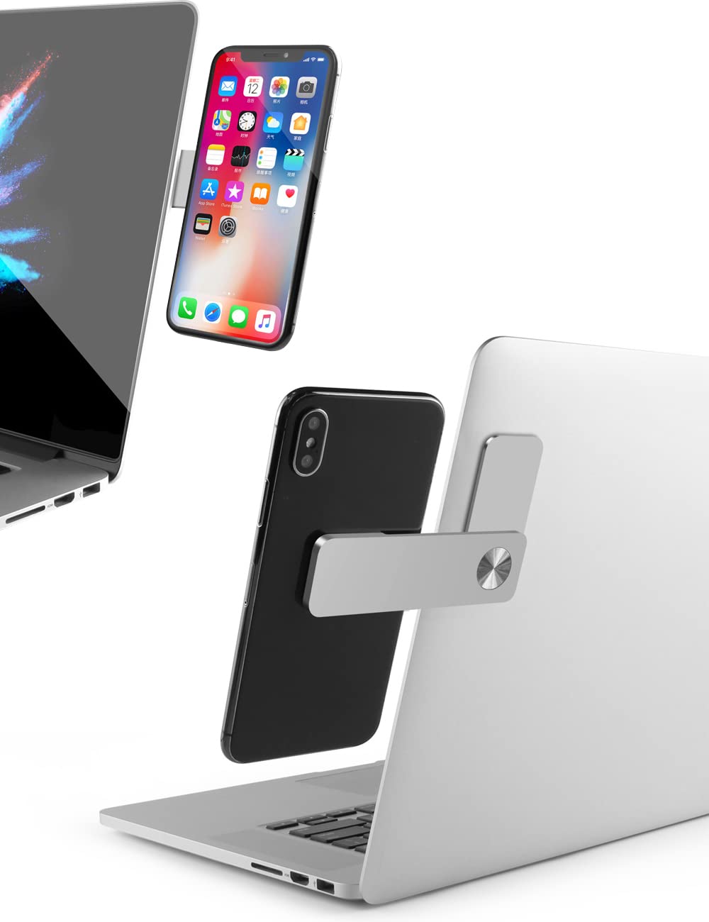 Adjustable Magnetic Laptop Phone Holder - Slim Portable Foldable Stand for iPhone, Samsung & Most Smartphones - Silver Laptop Side Mount Clip | Perfect for Work, Study & Video Calls