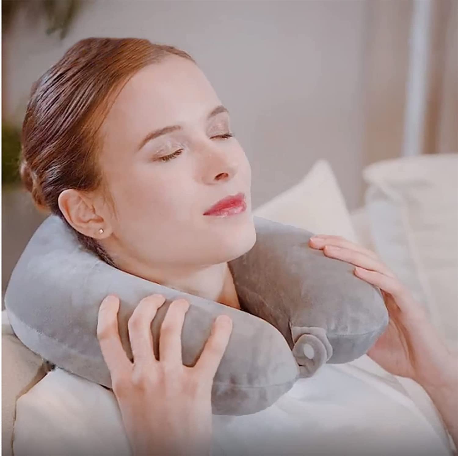 Comfortable Washable Travel Neck Pillow for Airplane Sleeping - Neck Pain Relief Support with Soft Grey Cover | Perfect for Long Flights, Road Trips & Office Naps