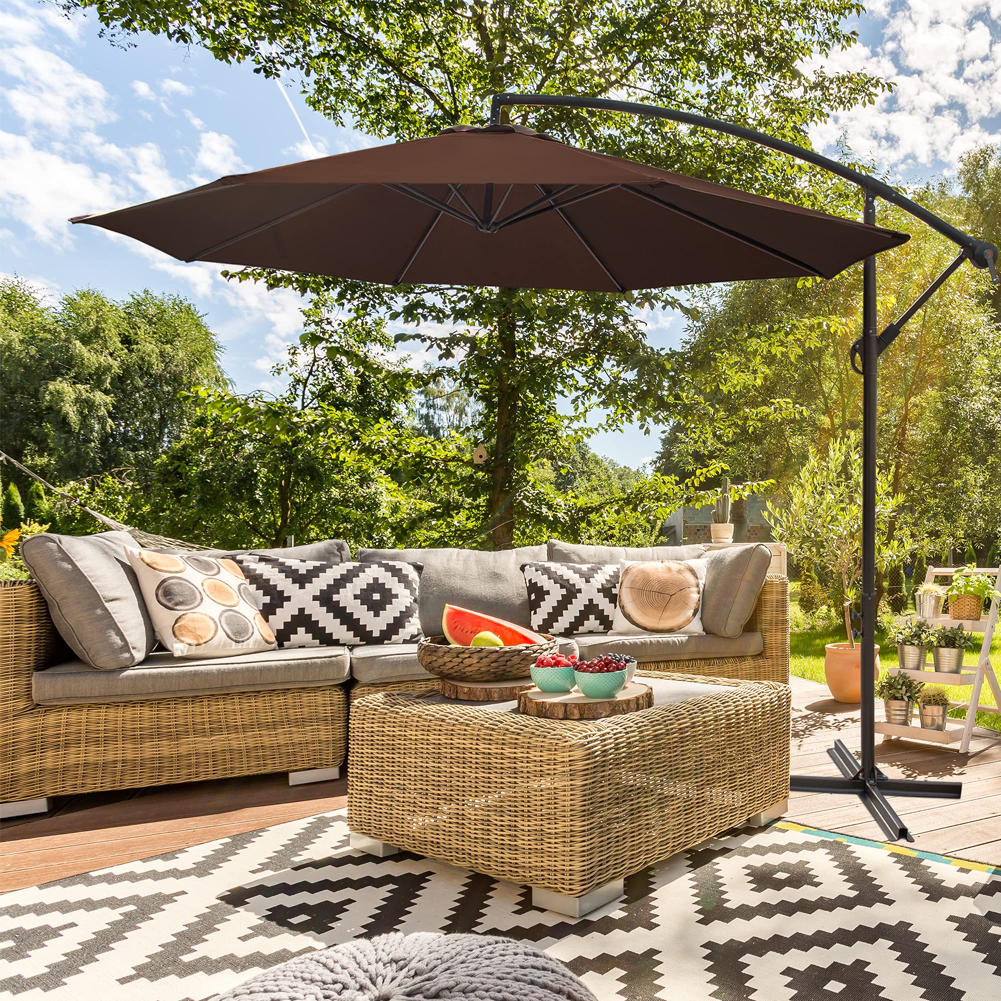 10FT Offset Cantilever Patio Umbrella with Crank & Cross Base - Outdoor Hanging Market Umbrella for Backyard, Poolside, Lawn, Garden - Sun Shade for Dining, Lounging, and Outdoor Relaxation (Brown)