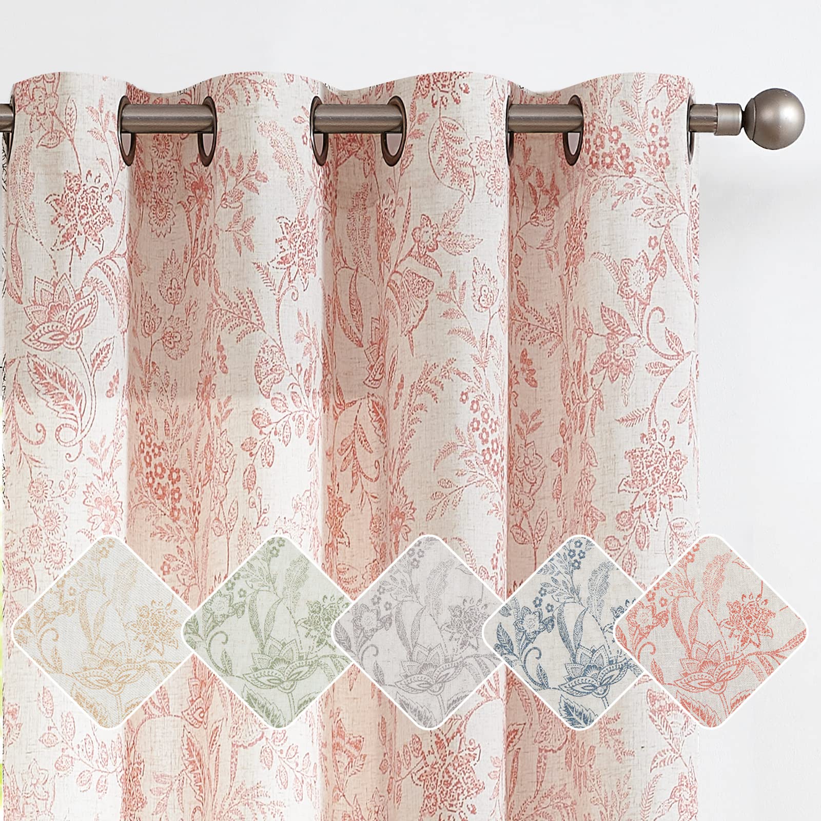 JINCHAN Floral Linen Curtains 84 Inch Long - Light Filtering Semi-Sheer Farmhouse Window Drapes for Living Room & Kitchen (2 Panels, Terra Red on Beige) - Perfect for Country Style Homes, Cozy Bedrooms & Sunlit Dining Areas