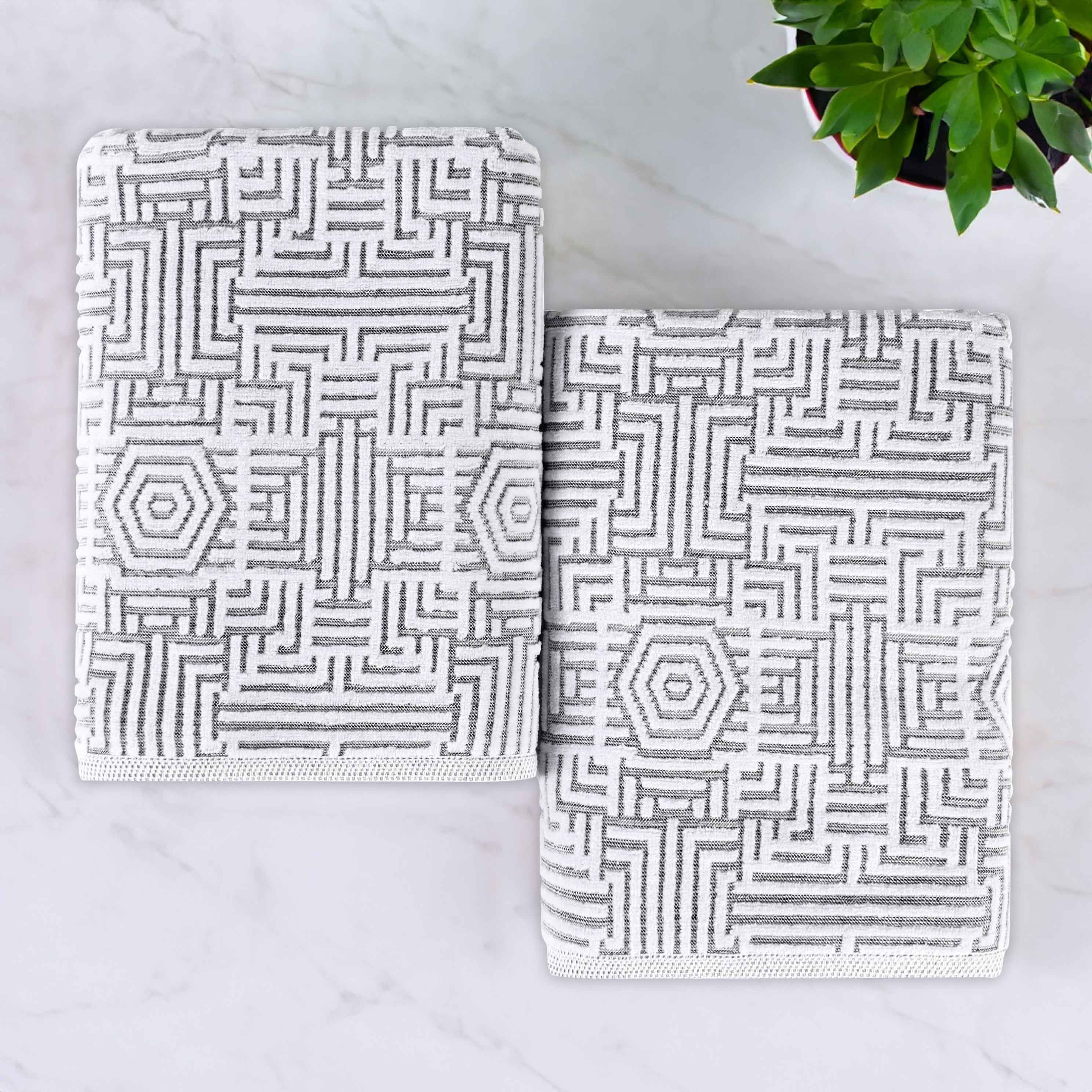 Premium Cotton Modern Geometric Jacquard Plush Bath Towel Set of 2 - Ultra Absorbent & Quick Dry Bath Sheets for Spa, Gym & Luxury Bathroom Decor