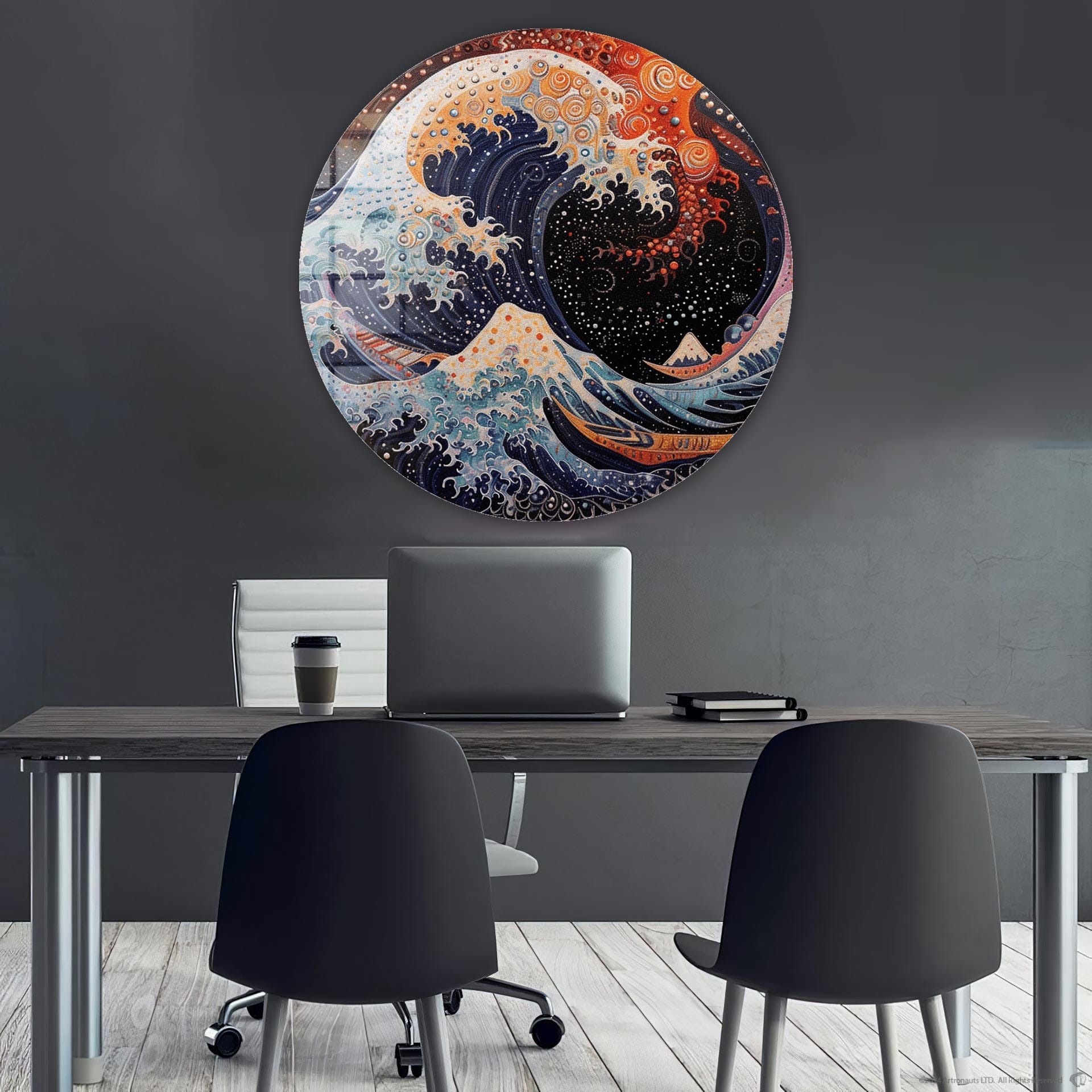 Futuristic Kanagawa Wave Rounded Glass Wall Art - Modern Home Decor for Living Room, Bedroom & Office