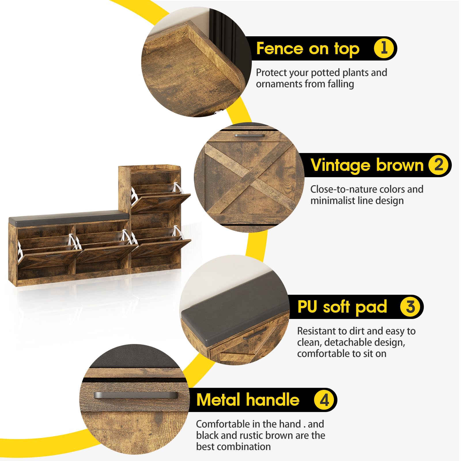 Adjustable Shoe Storage Cabinet with Bench - 4 Flip Drawers & Padded Seat Cushion - Left/Right Configurable Entryway Organizer - Rustic Brown Narrow Hallway Shoe Rack - Perfect for Small Spaces, Mudrooms & Apartment Entryways