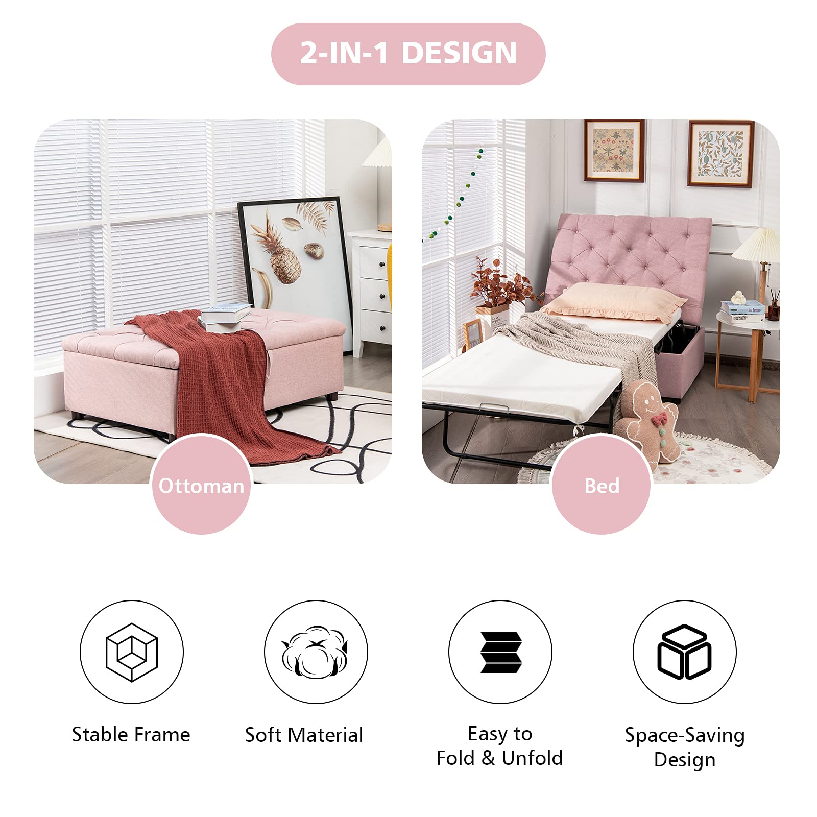Giantex Ottoman Folding Bed with Mattress - Convertible Chair to Sofa Bed, Steel Frame Sleeper Couch for Guest & Lounge - Dual Use Living Room, Bedroom & Office Furniture (Pink) | Perfect for Small Spaces, Overnight Guests & Multi-Functional Home Decor
