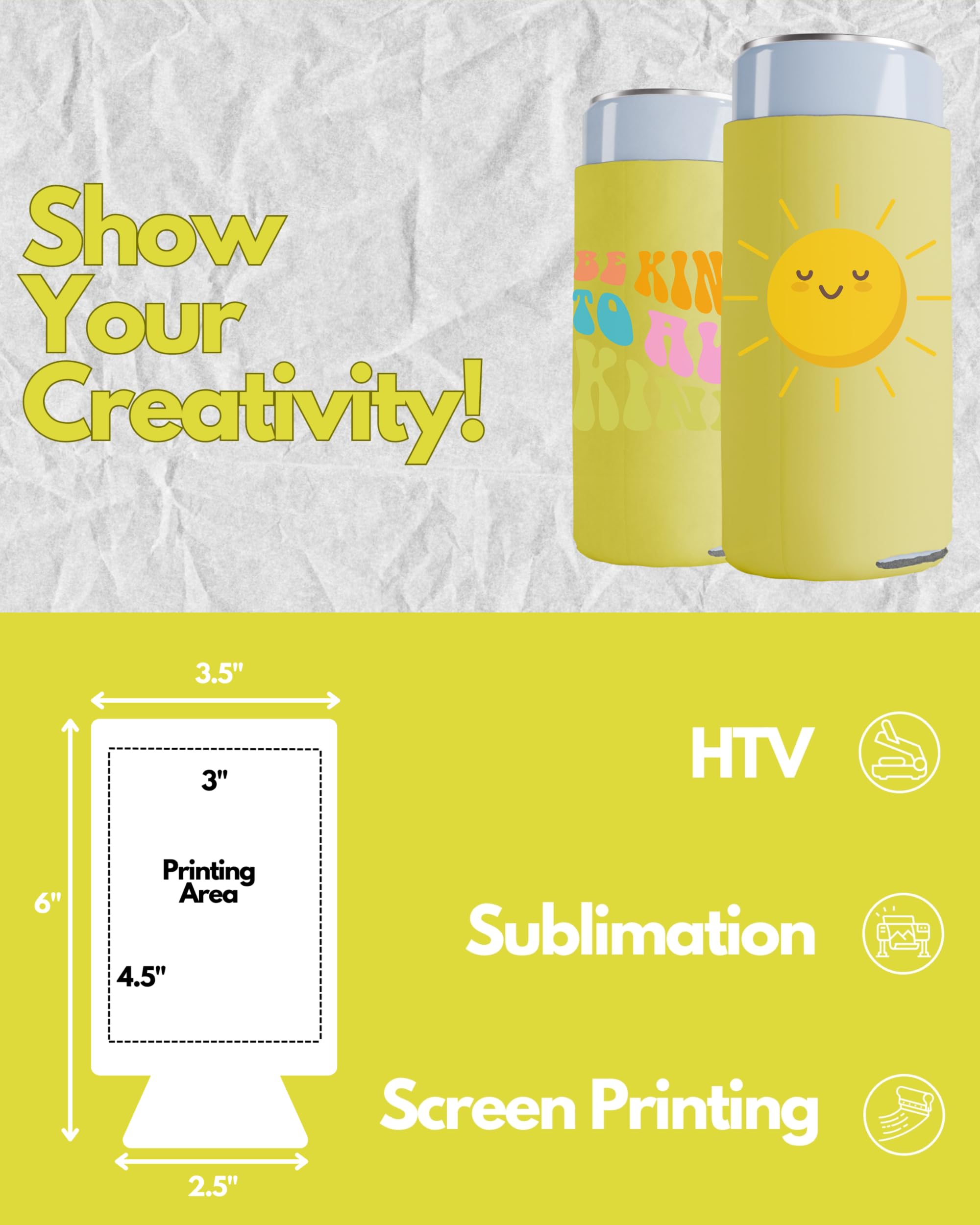 200 Pack Yellow Blank Slim Can Cooler Sleeves - Customizable Sublimation Beer & Seltzer Insulators for 12oz Tall Cans | Skinny Collapsible Drink Sleeves for Parties, BBQs, Tailgating & Outdoor Events