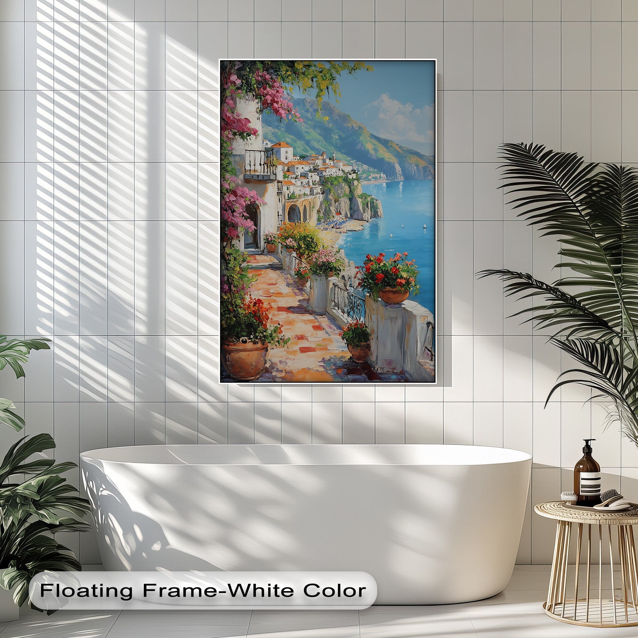 Amalfi Terrace Bloom Coastal Italian Balcony Canvas Print - Stunning Wall Art for Beach House, Living Room & Office Decor
