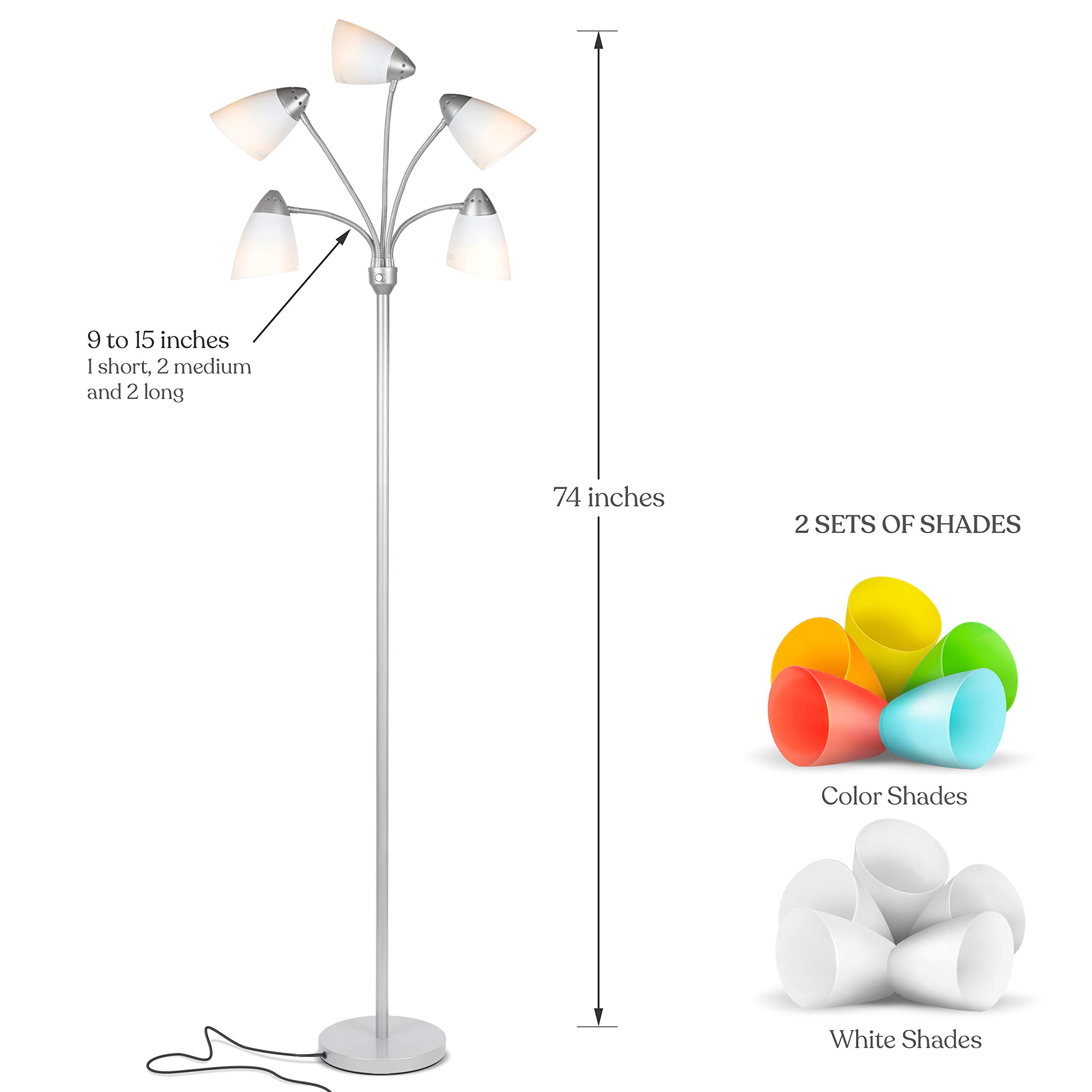 Brightech Medusa LED Floor Lamp - Adjustable Multi-Head Dimmable Standing Light for Living Room, Bedroom & Office - Tall Modern Floor Lamp with Interchangeable Shades - Perfect for Reading, Working & Home Decor (Silver)