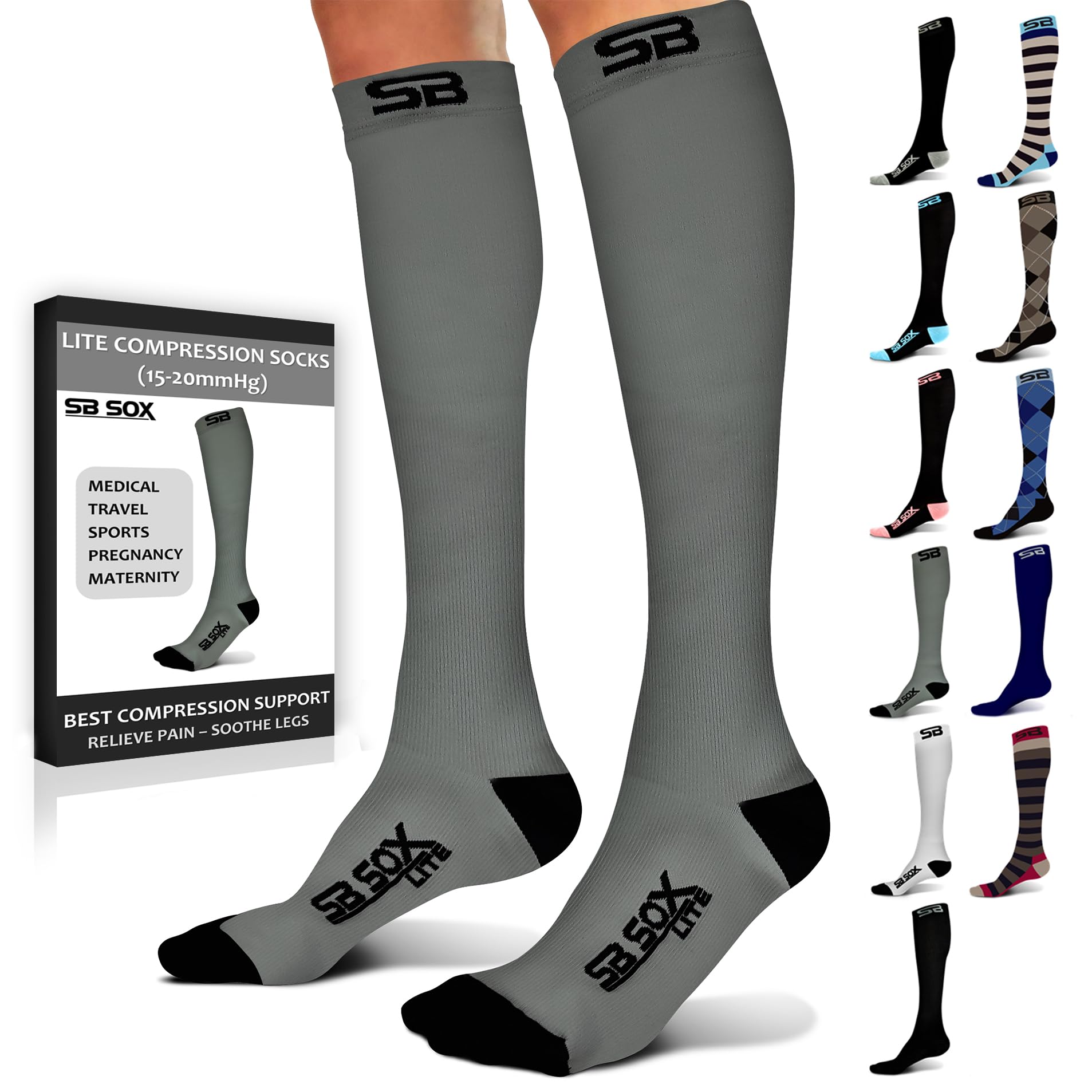 SB SOX Lite Compression Socks for Men & Women (15-20mmHg) – Best Graduated Compression Socks for Travel, Running, Nursing & Daily Wear – Improves Circulation & Reduces Swelling – Perfect for Long Flights, Workouts & Standing All Day – Available in S-XXL Sizes