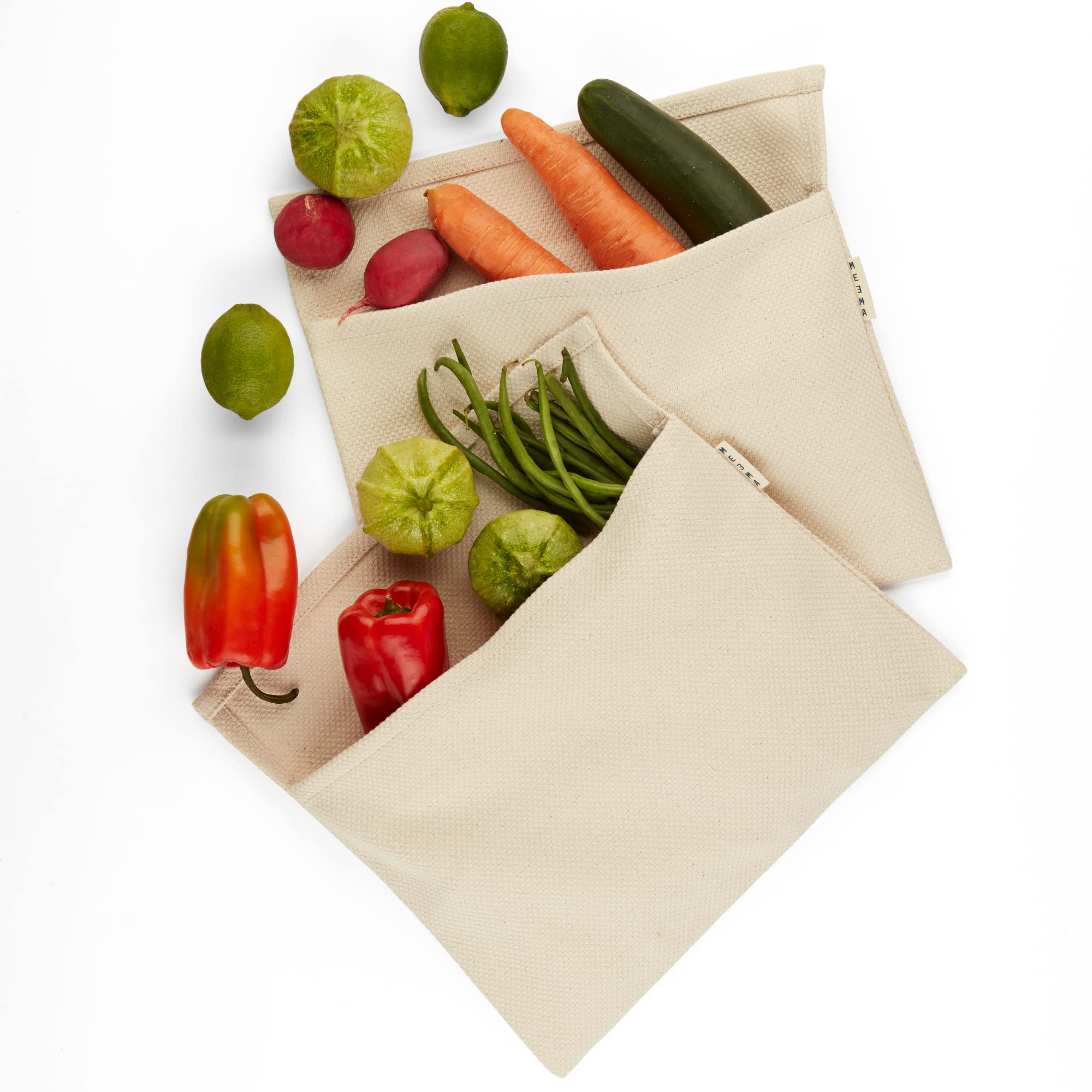 MEEMA Eco-Friendly Reusable Vegetable Crisper Bags - Organic Cotton Produce Storage for Refrigerator, Lettuce, Fruits & Veggies - Breathable Washable Food-Saving Bags (Set of 2) | Perfect for Fresh Food Storage, Grocery Shopping & Zero-Waste Kitchen