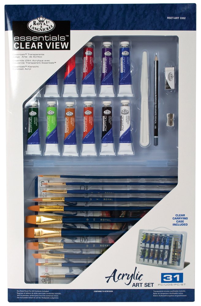 Royal & Langnickel Essentials Clear View Acrylic Painting Set - Deluxe 24-Piece Artist Kit with Brushes, Paints & Palette | Perfect for Beginners, Students & Professional Artists | Home Studio, Classroom & Outdoor Painting