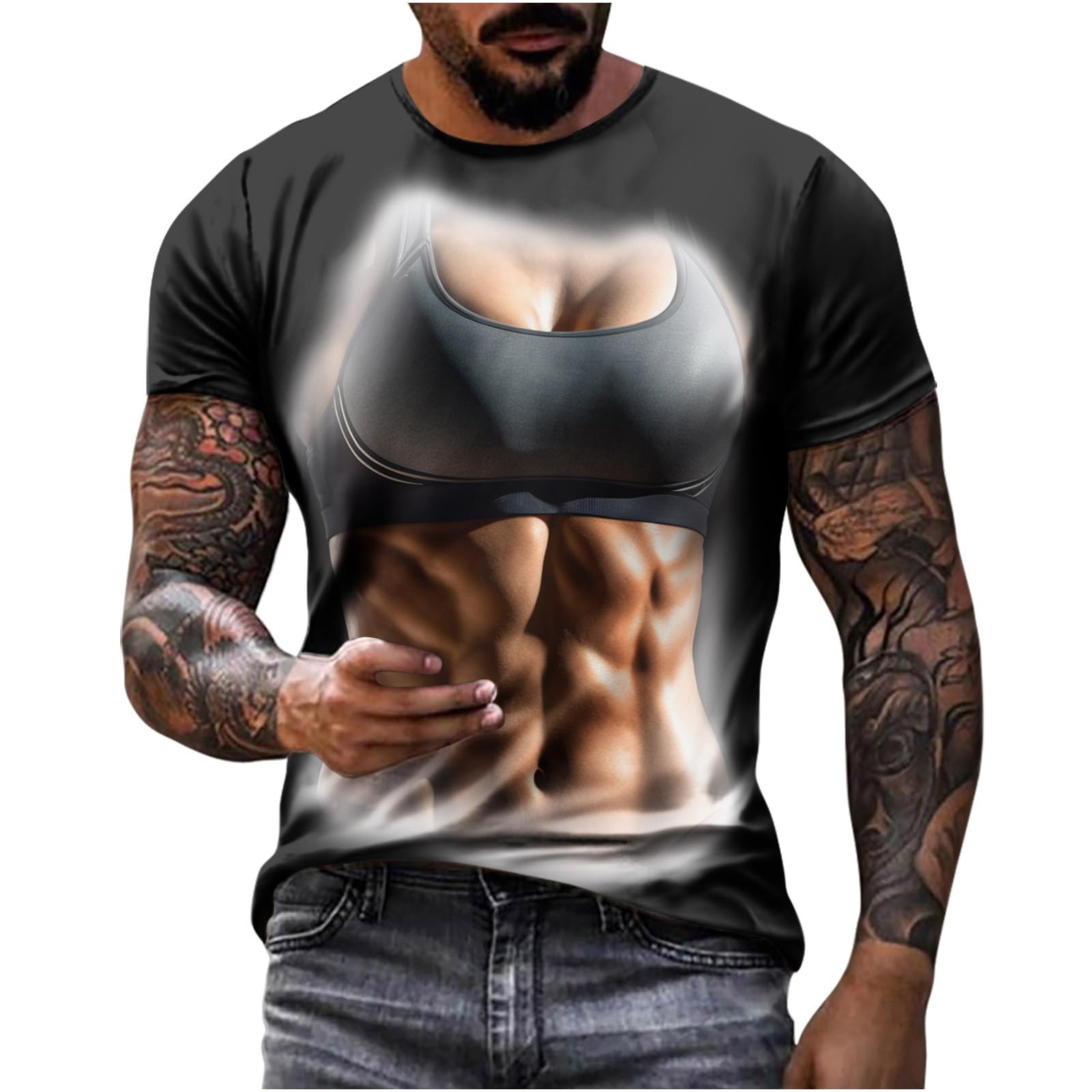 Sdeycui Men's 3D Muscle Printed Short Sleeve T-Shirt - Funny Fake Abs Graphic Tee - Summer Novelty Tops for Gym, Beach & Casual Wear