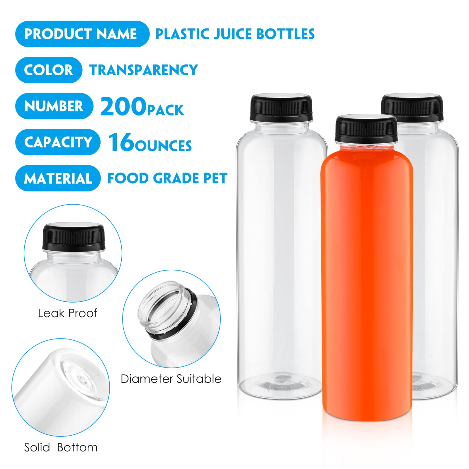 200 Pack 16oz Clear Plastic Juice Bottles with Black Caps - Reusable PET Drink Containers for Juicing, Smoothies, Beverages | Bulk Empty Bottles for Home, Restaurant, Fridge Storage & Party Use