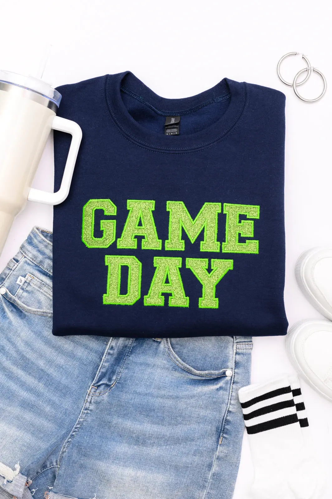 PREORDER: Embroidered Glitter Game Day Sweatshirt - Navy & Green Team Colors - Perfect for Football Tailgates, College Parties & Sports Fan Outfits