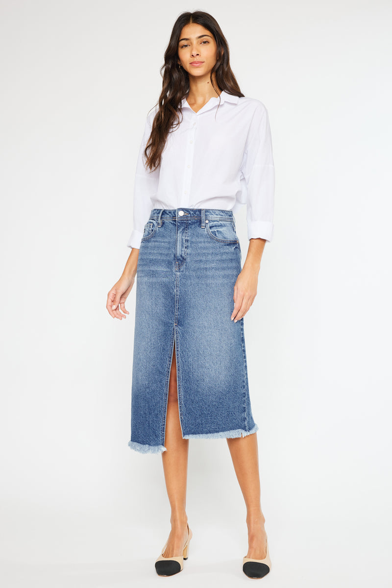 Indigo High Rise Midi Skirt for Women - Stretchy A-Line Denim Skirt with Pockets | Perfect for Casual Outfits, Office Wear & Date Nights