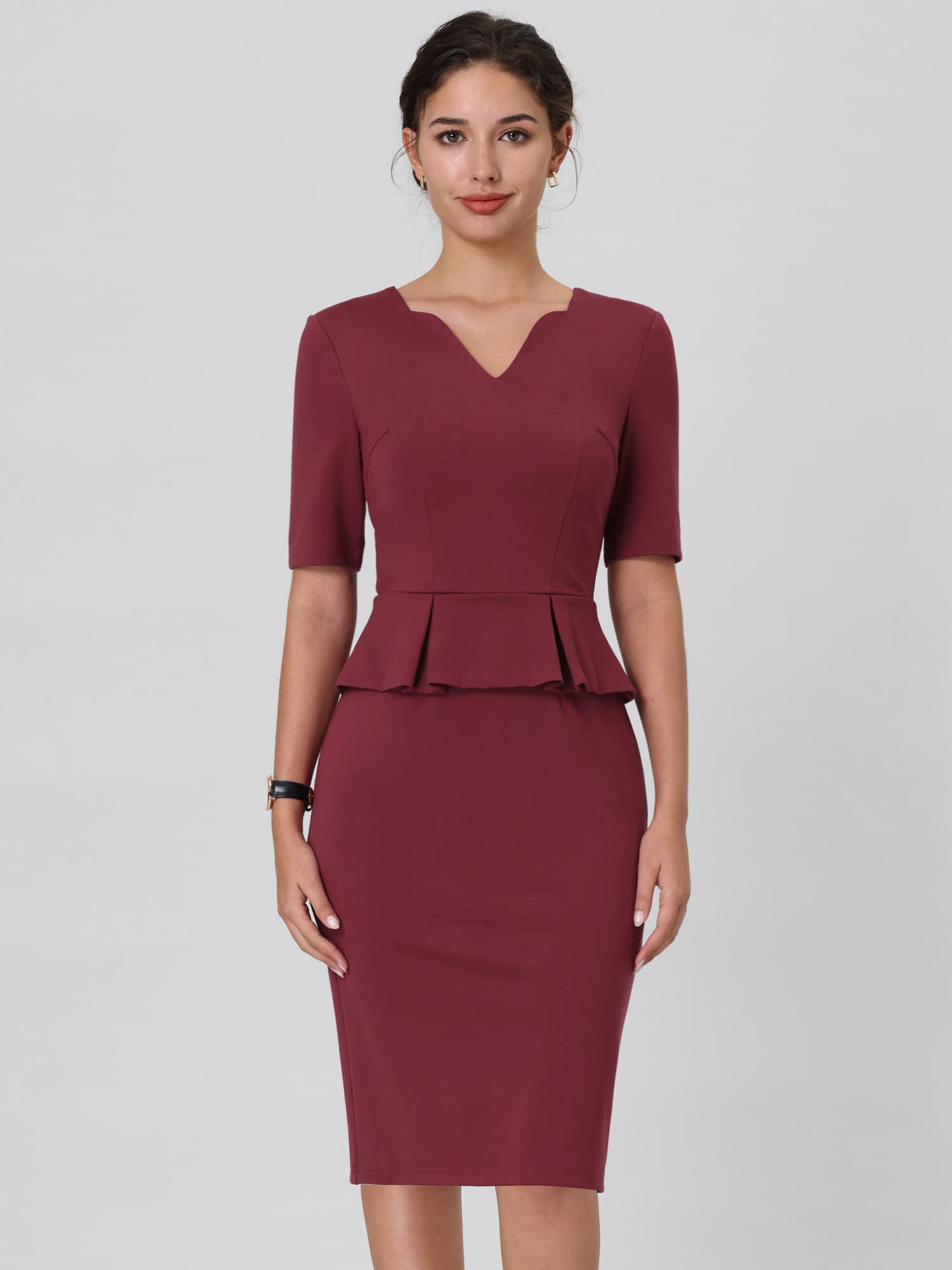 Women's V-Neck Short Sleeve Sheath Work Dress with Peplum - Office Wear, Business Casual & Cocktail Party Outfit
