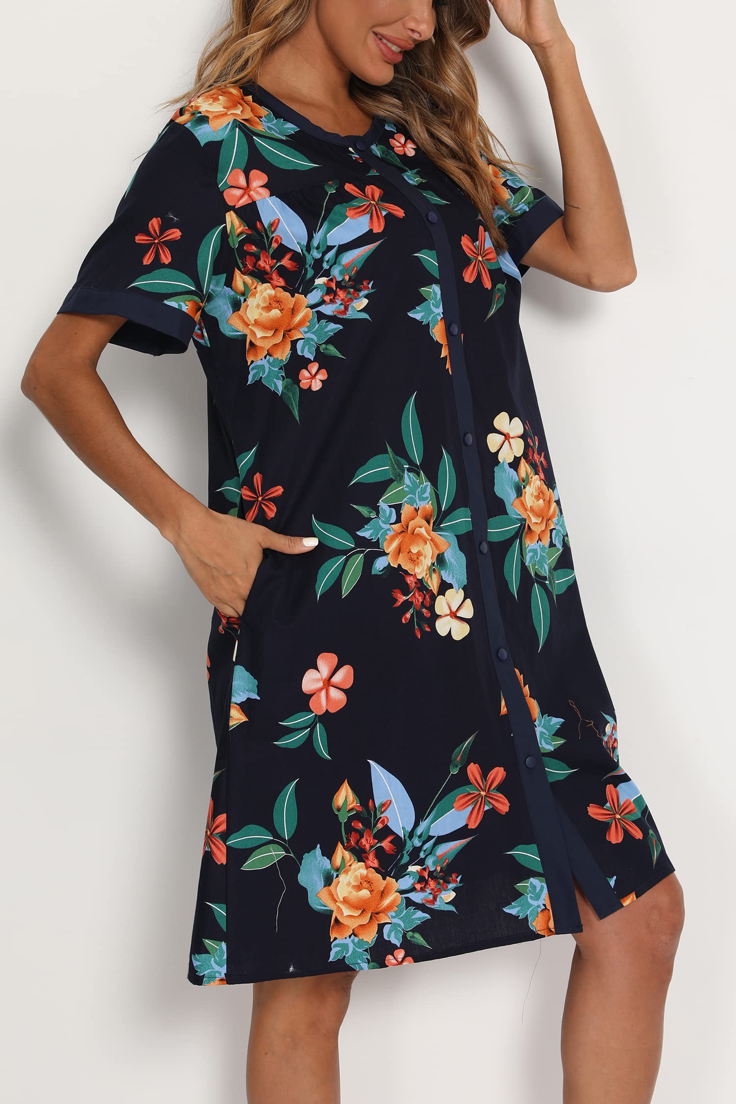 YOZLY Women's Short Sleeve House Dress - Comfortable Cotton Duster Robe with Pockets | Perfect for Lounging, Sleeping & Morning Coffee