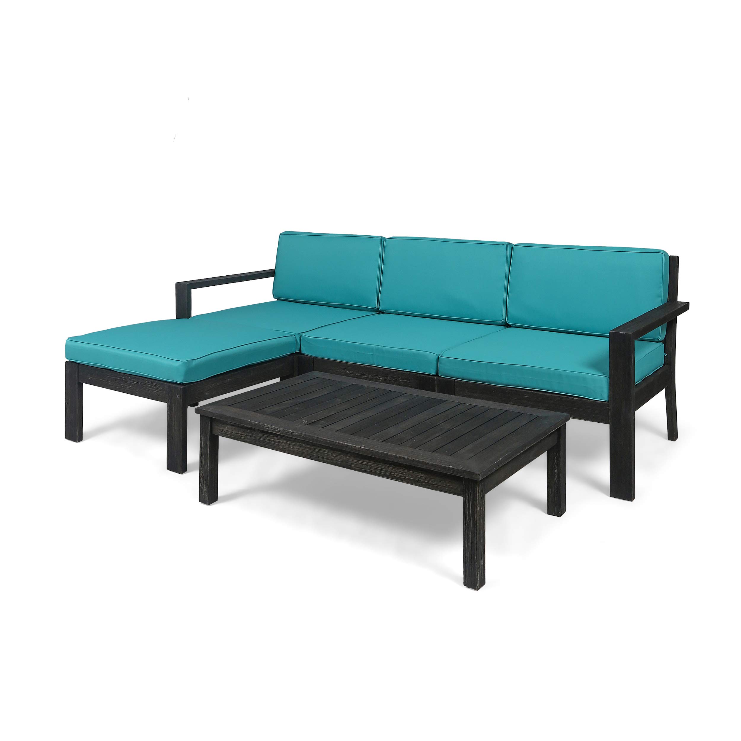 Makayla Ana 3-Seater Acacia Wood Outdoor Sectional Sofa with Weather-Resistant Cushions - Dark Gray & Teal - Perfect for Patio, Garden, Poolside or Backyard Relaxation