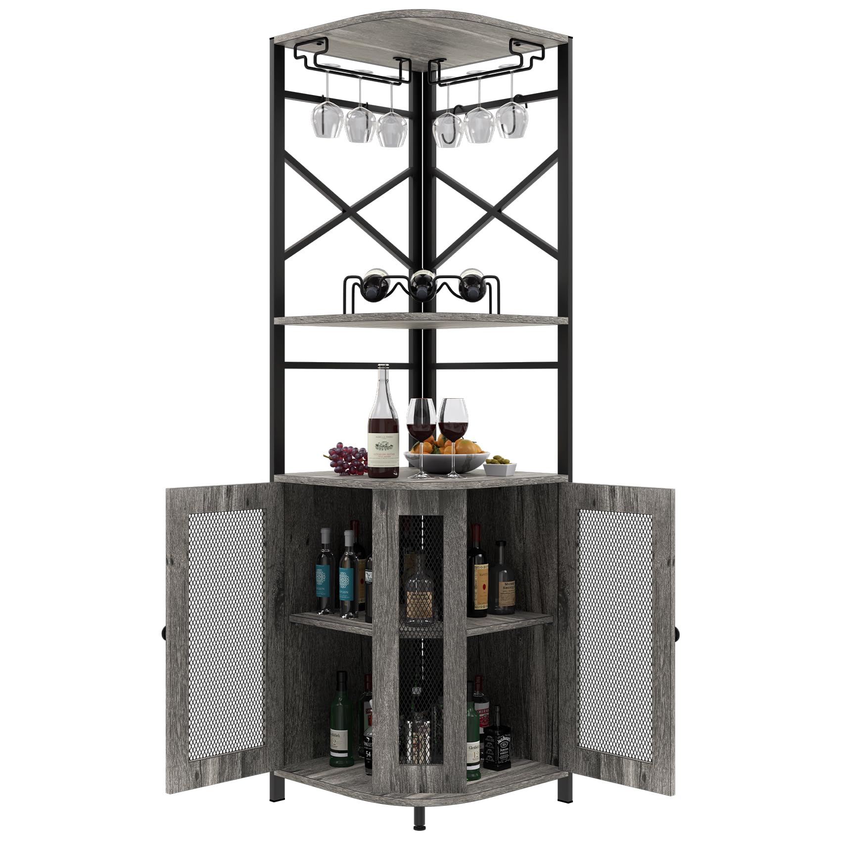 Modern Grey Corner Bar Cabinet with Wine Rack, Glass Holder & Adjustable Shelves - Mesh Door Liquor Storage Cabinet for Home Bar, Dining Room or Entertainment Area