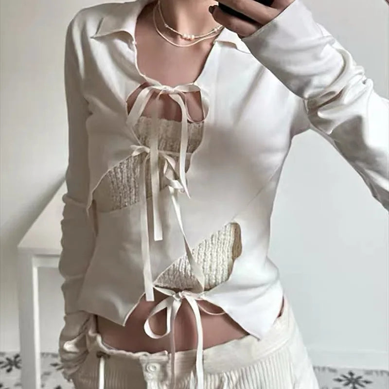 Asymmetrical Hollow Out Lace Up Long Sleeve Top - Y2K Vintage White & Black T-Shirt for Women | Fall 2024 Fashion | Casual Wear, Party Outfit & Street Style