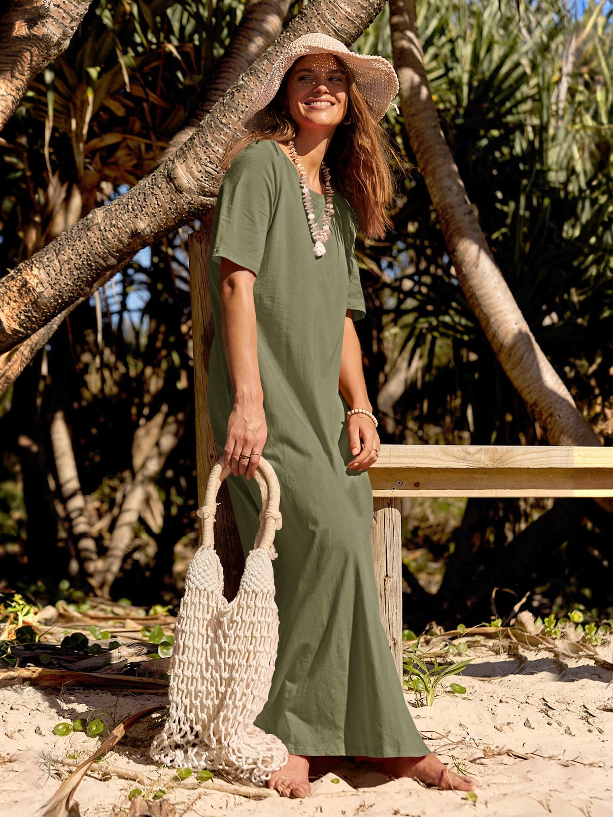 MEROKEETY Women's 2025 Spring Summer Casual Maxi Dress - Short Sleeve Crewneck Long T-Shirt Dress for Beach Vacation & Everyday Wear | Flowy Comfort Dress for Outings, Travel & Relaxation
