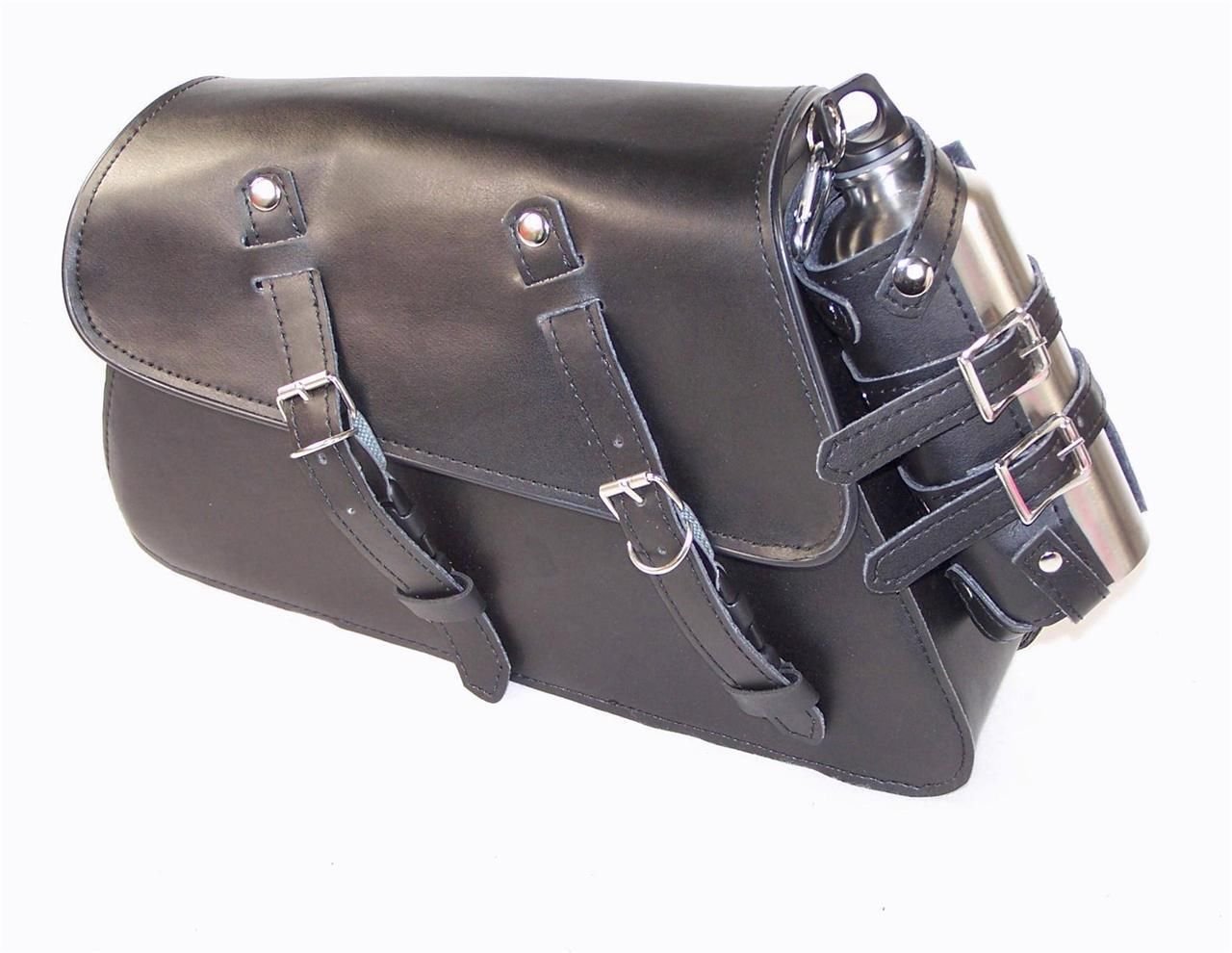 Harley Davidson Sportster Left Side Motorcycle Solo Saddle Bag with Water Bottle Holder - Durable Black Leather for Bikers & Road Trips