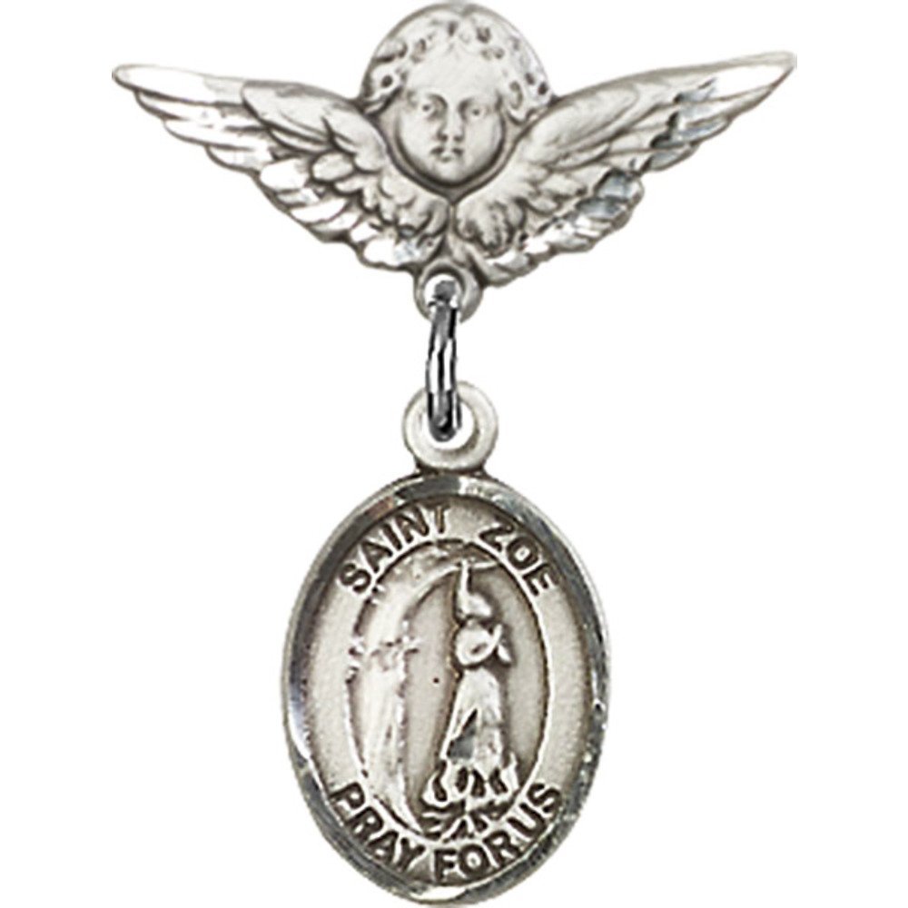 St. Zoe of Rome Sterling Silver Baby Badge with Angel Wing Charm - 7/8 x 3/4 Inch Religious Pin for Christening, Baptism & First Communion Gifts