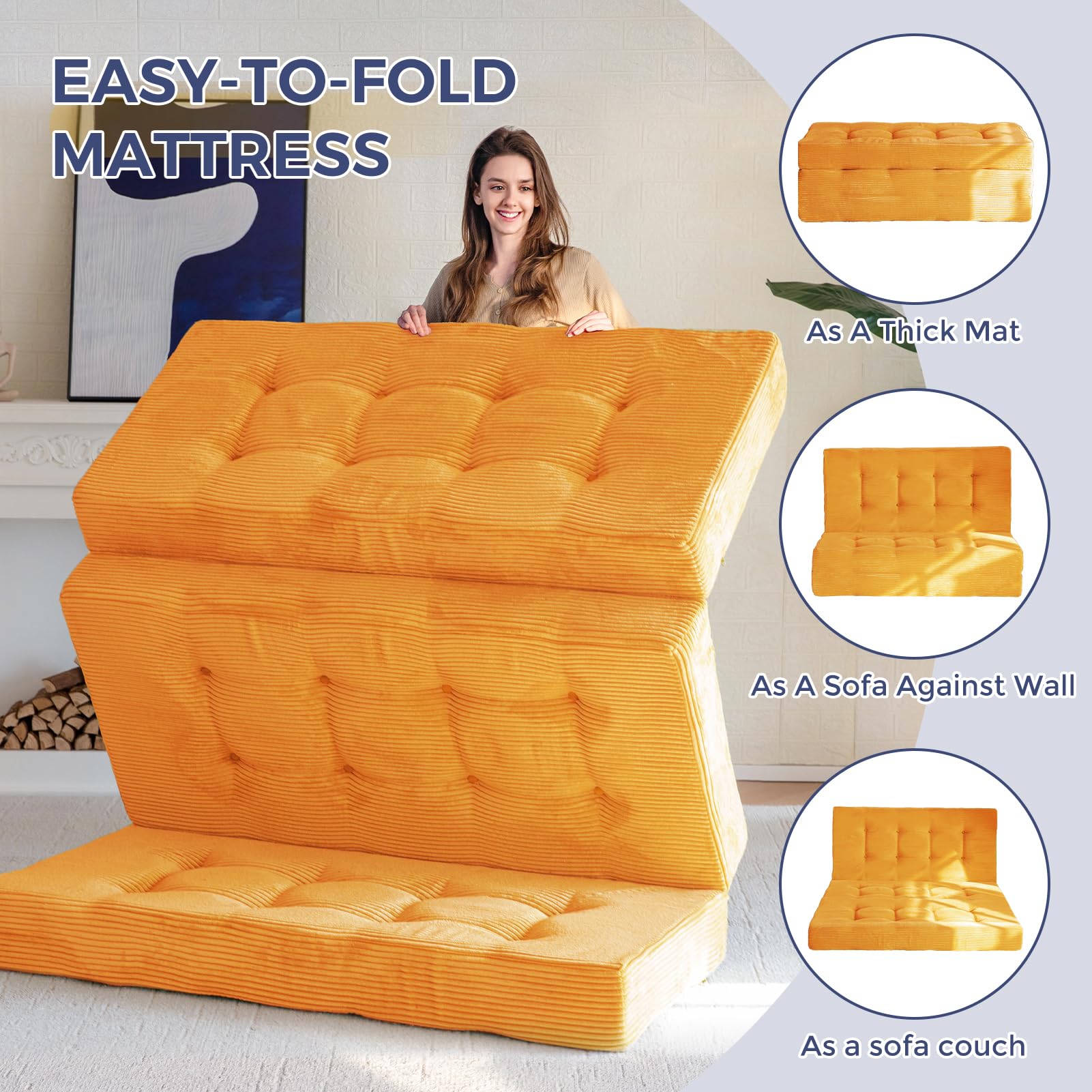 6 Inch Tri Fold Mattress - MAXYOYO Tufted Folding Foam Bed with Breathable Corded Fabric, Full Size, Orange | Perfect for Guest Beds, Camping, Dorms & Small Spaces