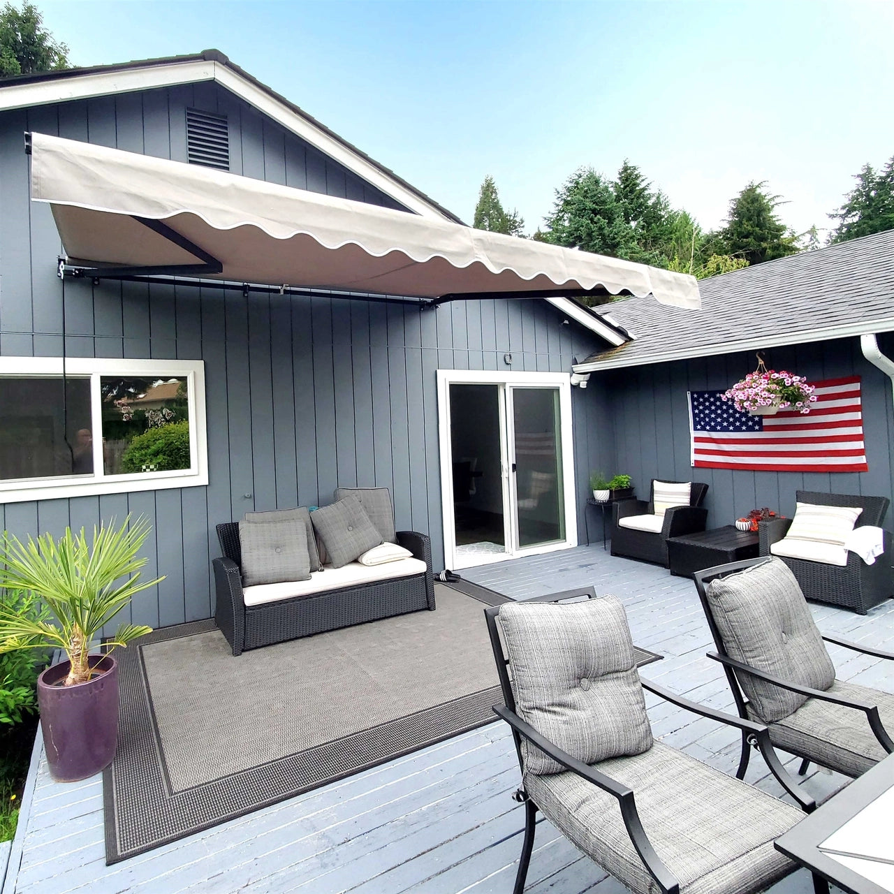 Aleko 16x10 Feet Motorized Retractable Patio Awning with Black Frame in Ivory - Perfect for Outdoor Shade, Backyard Relaxation, and Deck Protection