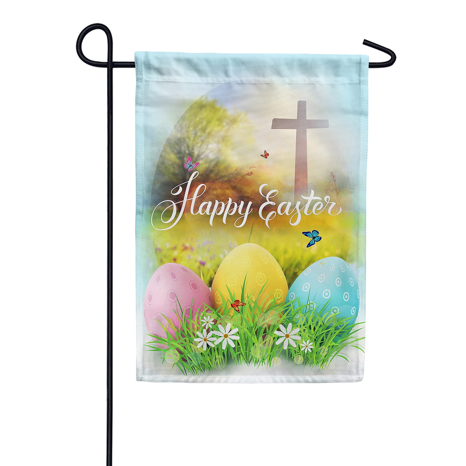 Happy Easter Garden Flag - 12.5 x 18 Inch Double Sided Religious Cross Design with Easter Eggs - Spring Seasonal Outdoor Yard Decoration for Home, Church & Holiday Celebrations