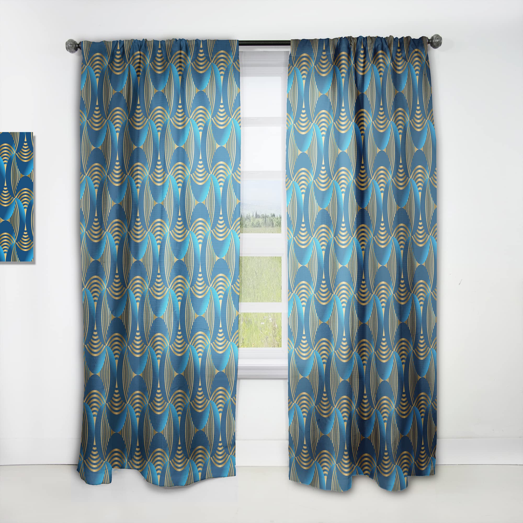 Geometric Abstract Wave Pattern Thermal Insulated Curtains in Gold & Navy Blue - Single Panel 52x95 Inches for Bedroom & Living Room - Blackout Drapes for Home Decor & Privacy