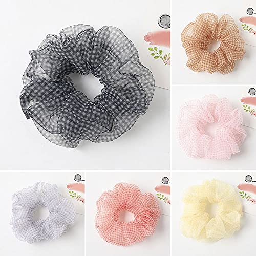 6 Pack Fashion Organza Soft Elastic Hair Bands - Sweet Plaid Scrunchie Hair Ties for Women & Girls, Ponytail Holders with Grid Pattern (Multiple Designs Available) - Perfect for School, Work, Parties and Everyday Styling