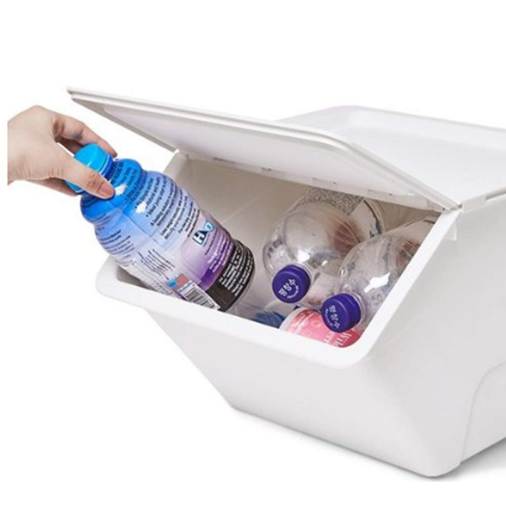 3 Pack Stackable Recycling Bins with Lids & Handles - Beige Organizer Containers for Trash, Toys & Tools - Includes Recycle Stickers - Perfect for Home, Office & Classroom Organization