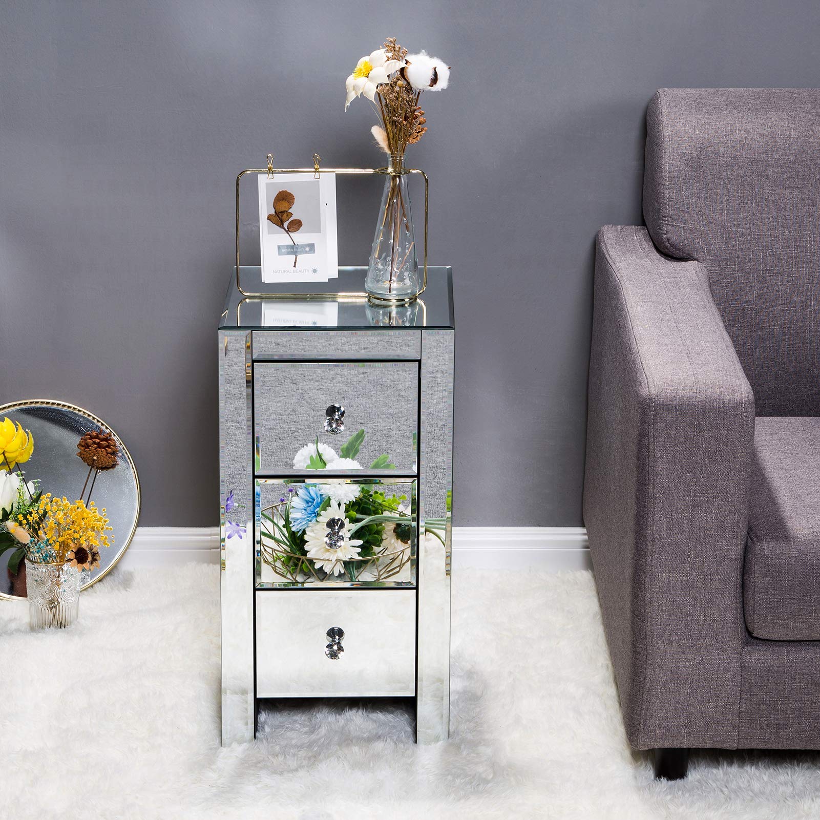 Mirrored Nightstand with 3 Drawers - Silver End Table with Crystal Handles for Bedroom & Living Room | Modern Accent Table for Bedside, Sofa Side, or Vanity Use