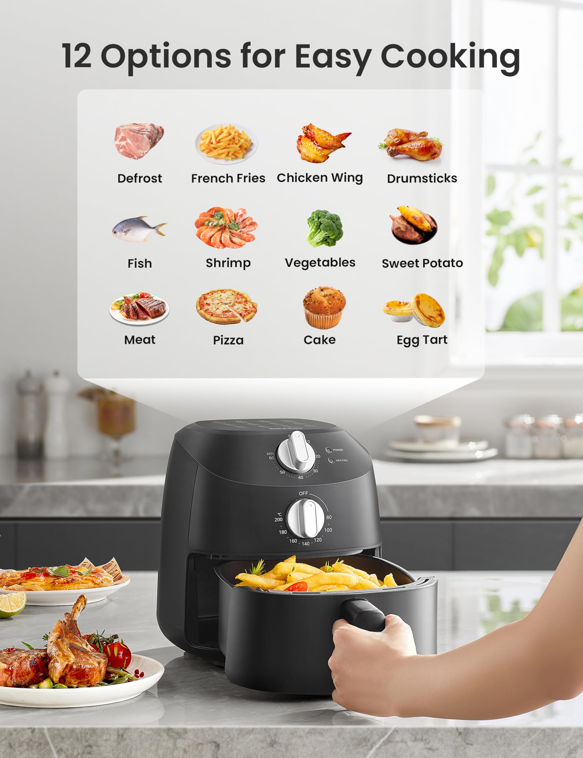 Midea 2L Small Air Fryer 1150W with Temperature Control & Timer - BPA-Free, Black - Perfect for Healthy Cooking, Snacks & Small Kitchens