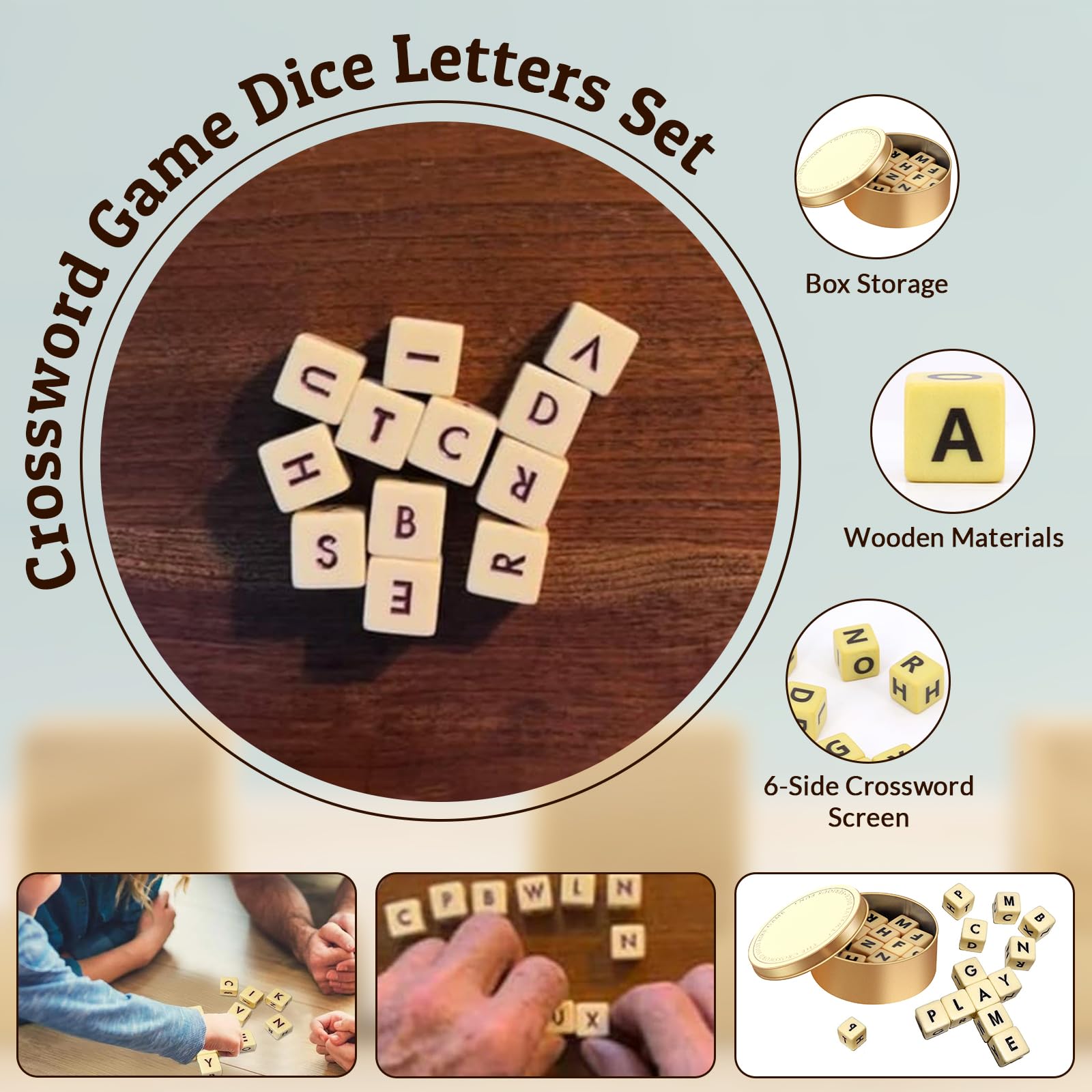 Crossword Solitaire Dice Game Set - 12 Wooden Letter Dice for Word Combination Fun | Perfect for Camping, Travel & Family Game Nights