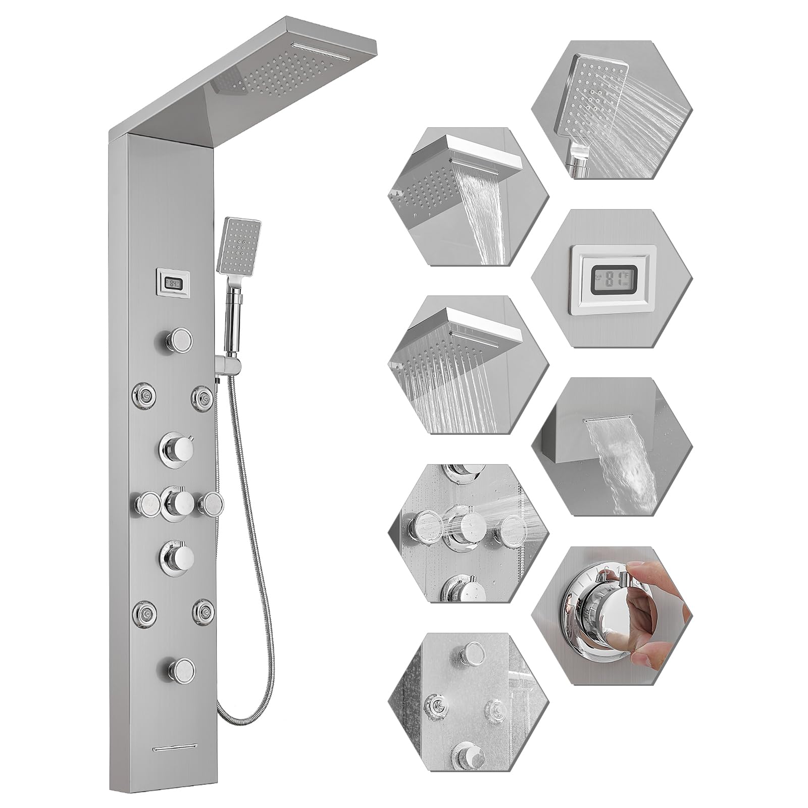 BWE Luxury Shower Panel Tower System with Rainfall Waterfall Shower Head & Adjustable Body Massage Jets - Wall Mounted Shower Column with Temperature Display in Brushed Nickel & Chrome Finish - Perfect for Spa-Like Bathroom Experience & Modern Home Renovation
