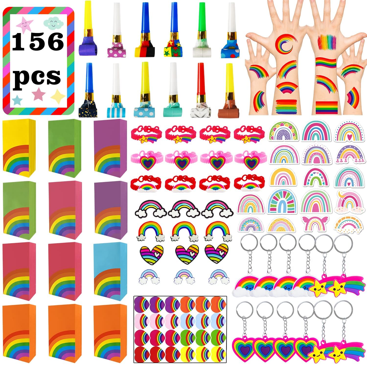 156pcs Rainbow Party Favors Kit for Kids - Tie Dye Birthday Party Decorations with Brooch, Stickers, Whistle, Keychain & Temporary Tattoos | Bulk Goodie Bag Fillers for Birthday Parties, Classroom Rewards, Carnival Prizes & Kids' Party Favors