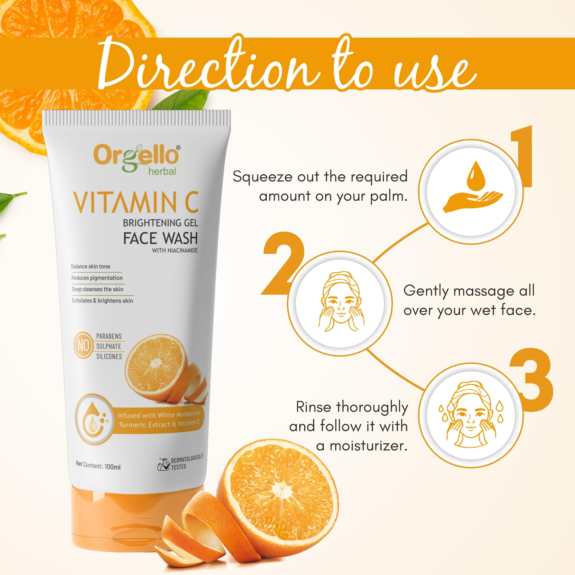 Orgello Herbal Vitamin C Face Wash (100ml) - Brightening, Acne Treatment & Dark Spot Remover for Clear Skin - SLS, Paraben & Silicone Free - Perfect for Daily Skincare & Glowing Complexion