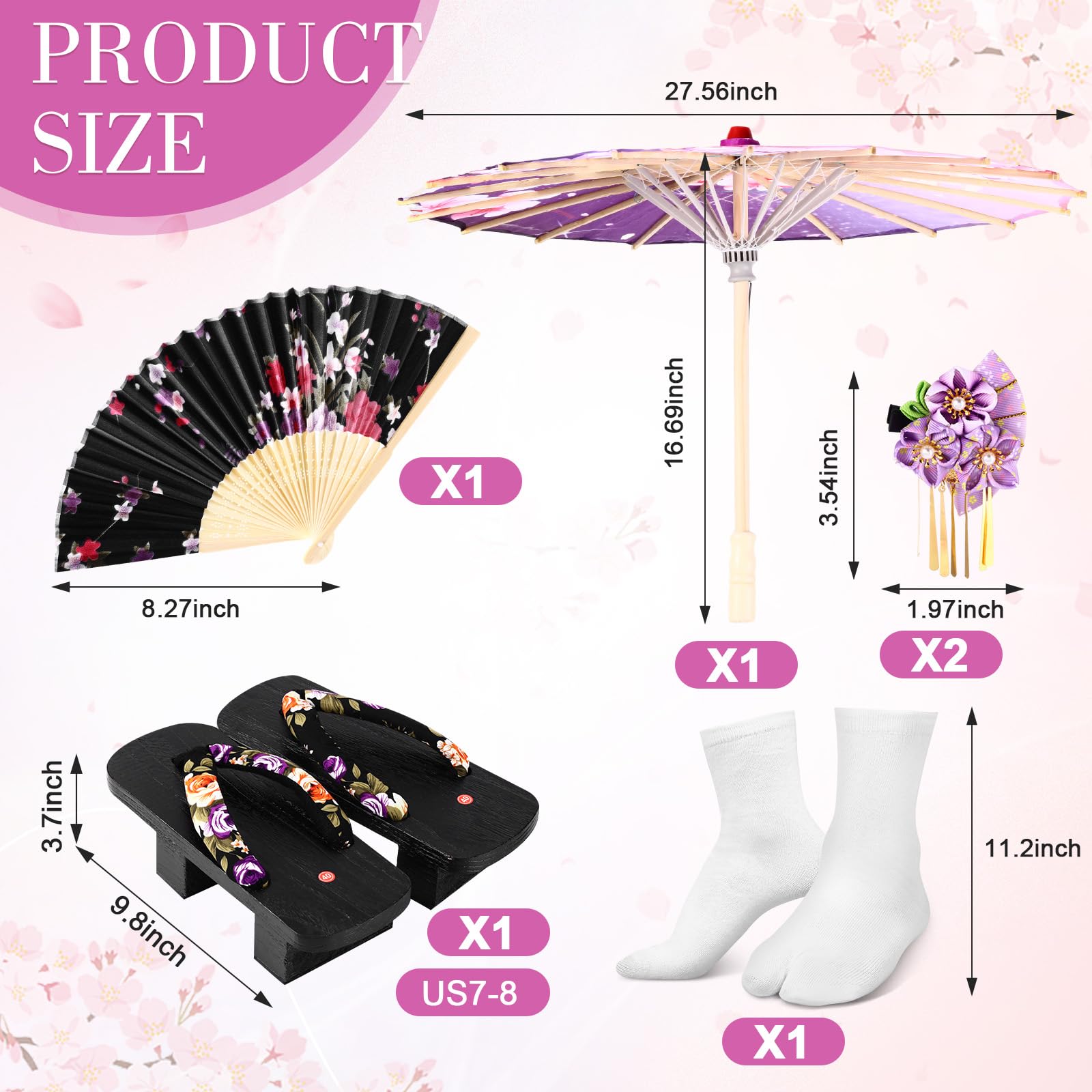 8 Pcs Japanese Kimono Costume Set for Women - Geisha Yukata with Obi Belt, Wooden Clogs, Parasol, Hair Stick & Folding Fans - Perfect for Cosplay, Halloween, Tea Ceremonies & Cultural Events