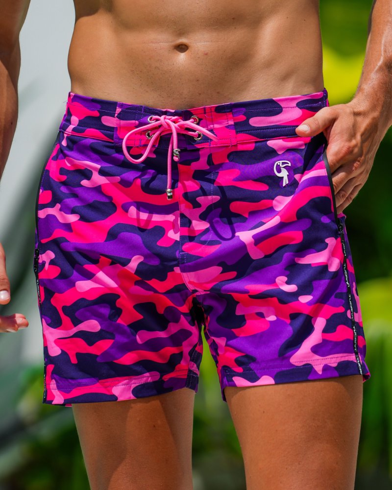 **Men's Pink Camo Swim Shorts - Quick Dry, UPF 50+ Beach Shorts for Swimming, Surfing & Summer Vacations**