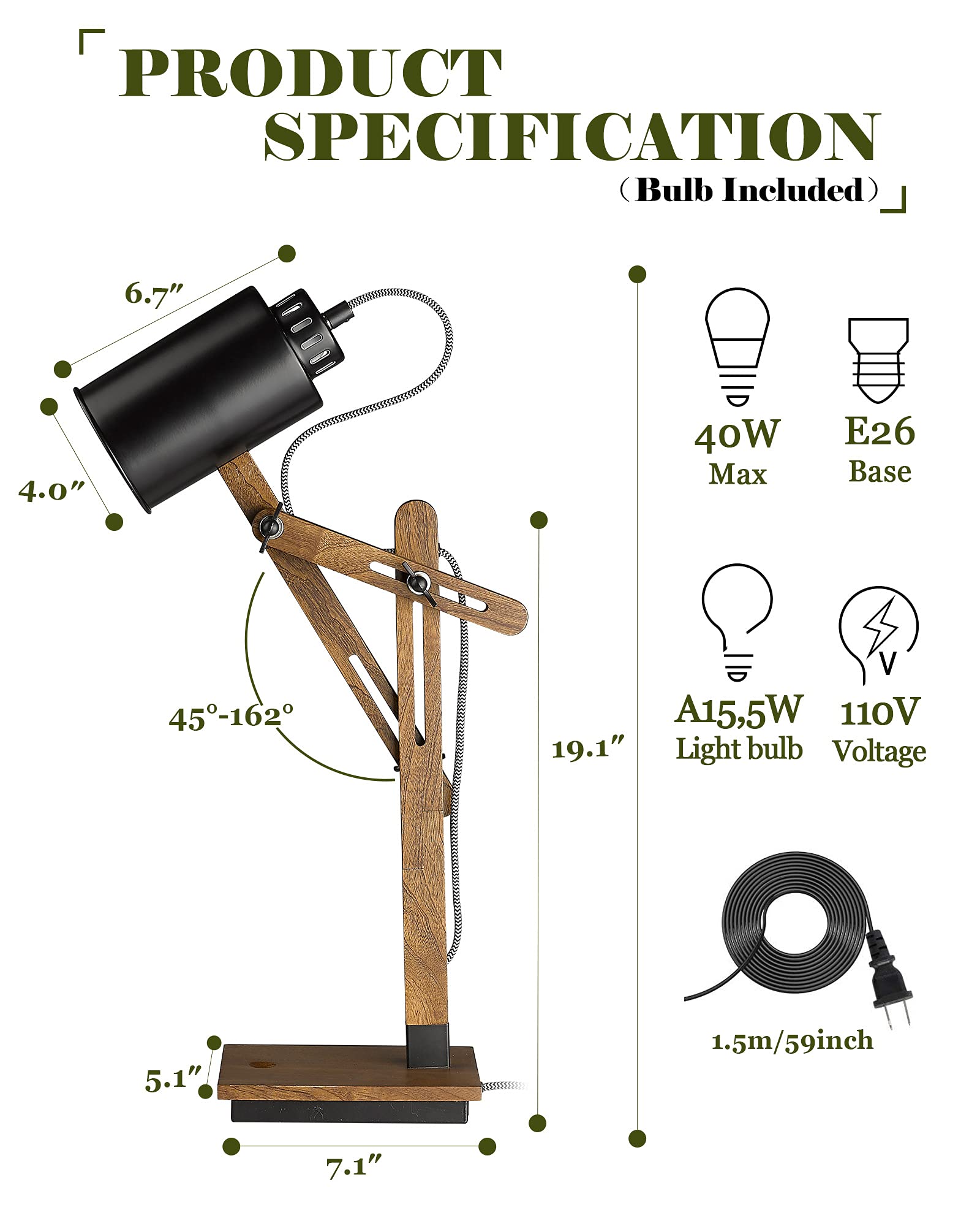 ELYONA Touch Control Desk Lamp with Wireless Charging & USB Port - Adjustable Swing Arm LED Task Light, Sapele Wood Reading Lamp for Bedroom, Study, Office, Dorm - Perfect for Night Reading, Remote Work & Home Decor (Black, Bulb Included)