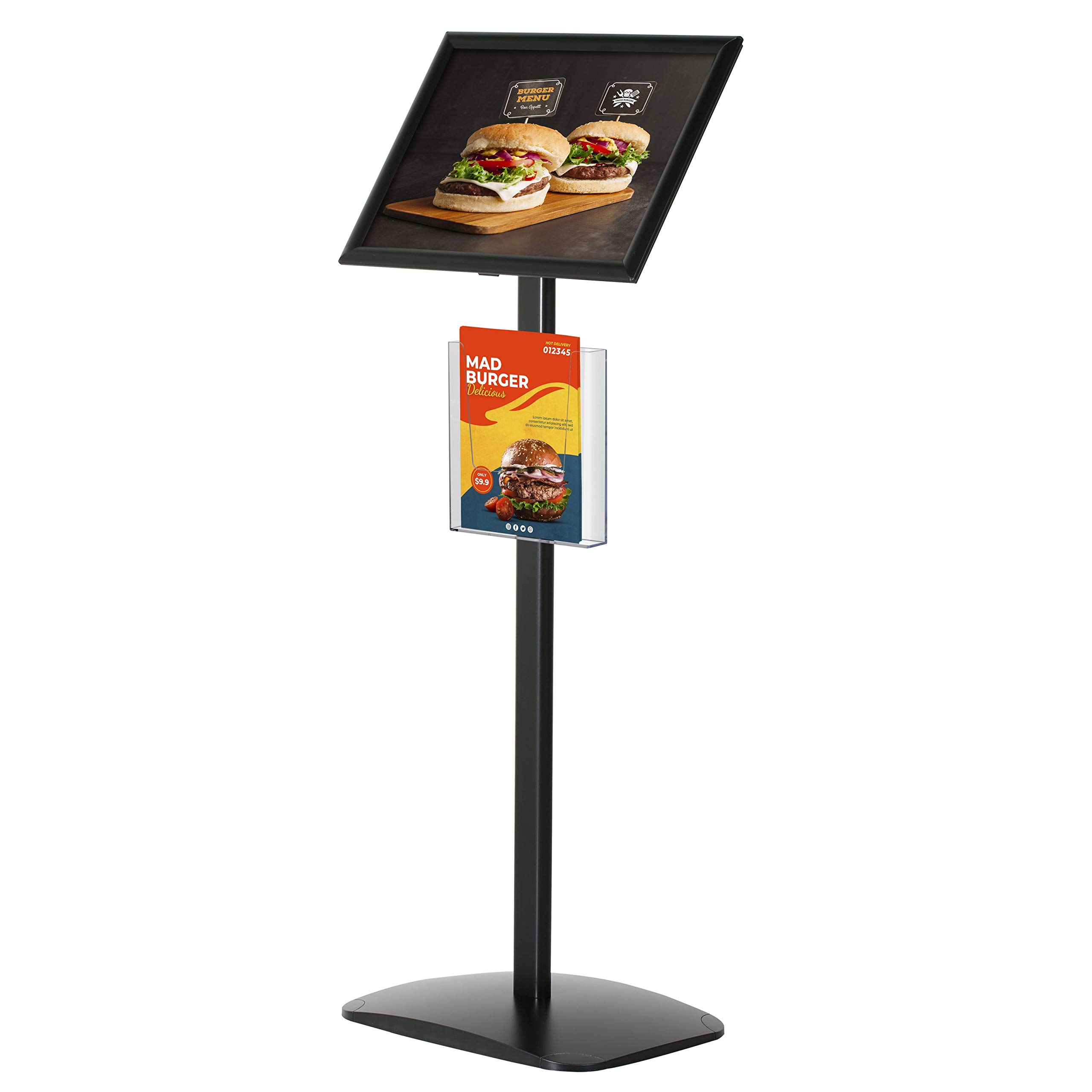 Black Aluminum Floor Standing Sign Holder - 11x17 Inch Frame with 8.5x11 Brochure Holder | Front Loading & Easy Open Design for Posters, Advertisements & Displays | Perfect for Retail Stores, Restaurants & Trade Shows