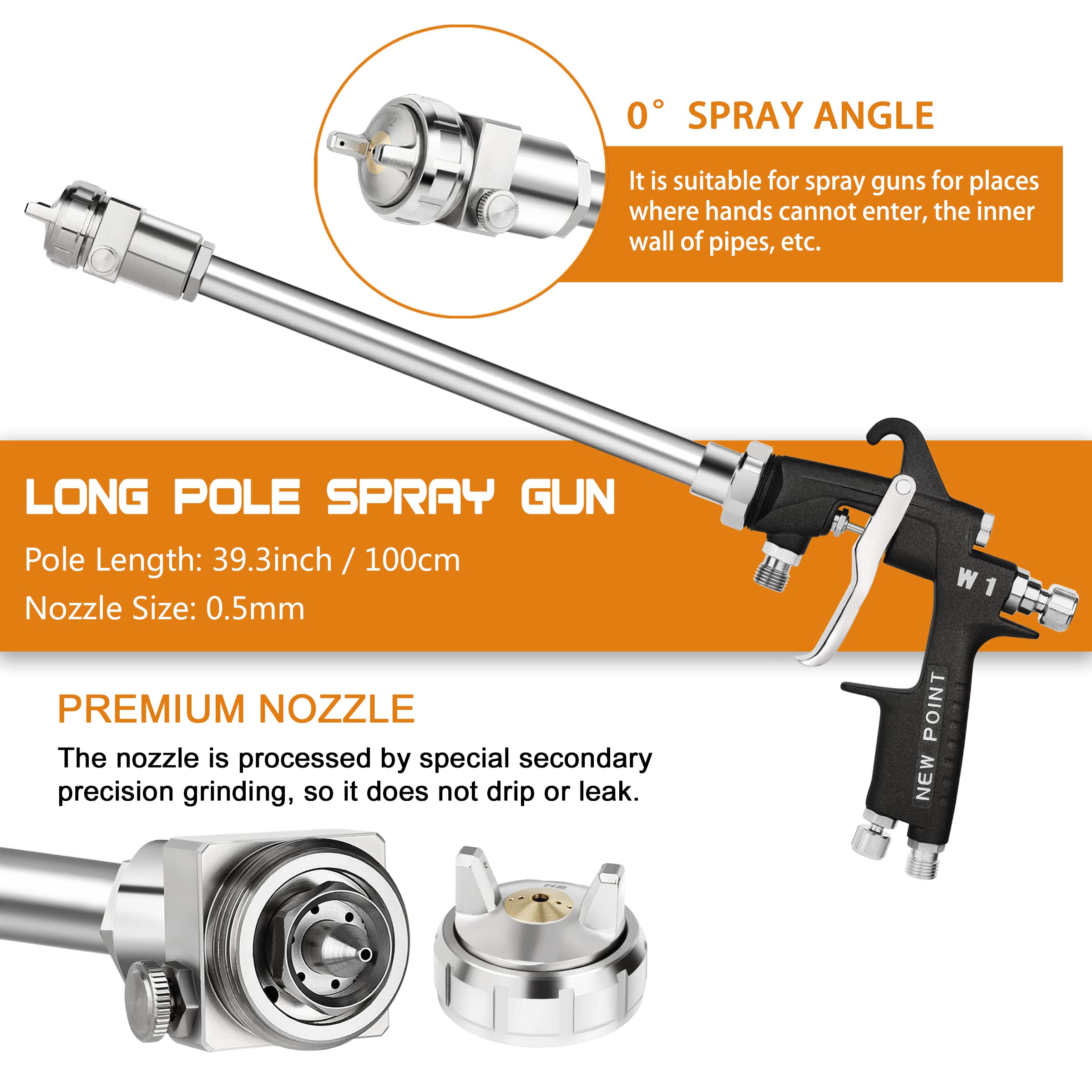 100cm Extension Long Pole Spray Angle Air Spray Gun - High Efficiency Pressure Feed Paint Gun for House & Automotive Painting (0.5mm Nozzle, 0° Spray Angle) | Perfect for Wall Ceiling Painting, Car Bodywork, and Large Surface Coating Projects