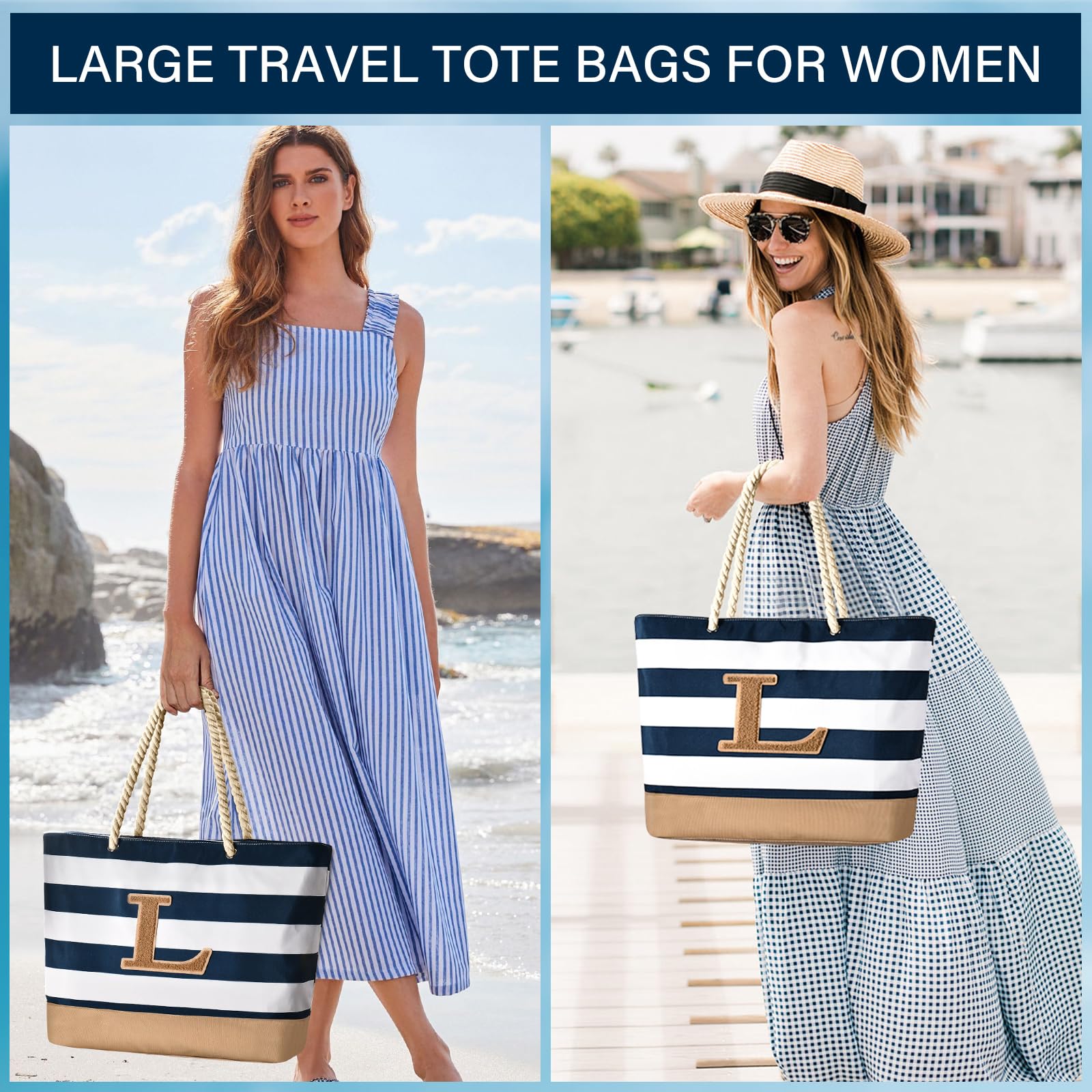 Personalized Waterproof Beach Tote Bag for Women with Zipper - Custom Initial Beach Bags, Travel Essentials & Birthday Gifts for Her - Perfect for Pool Parties, Vacations, and Summer Getaways