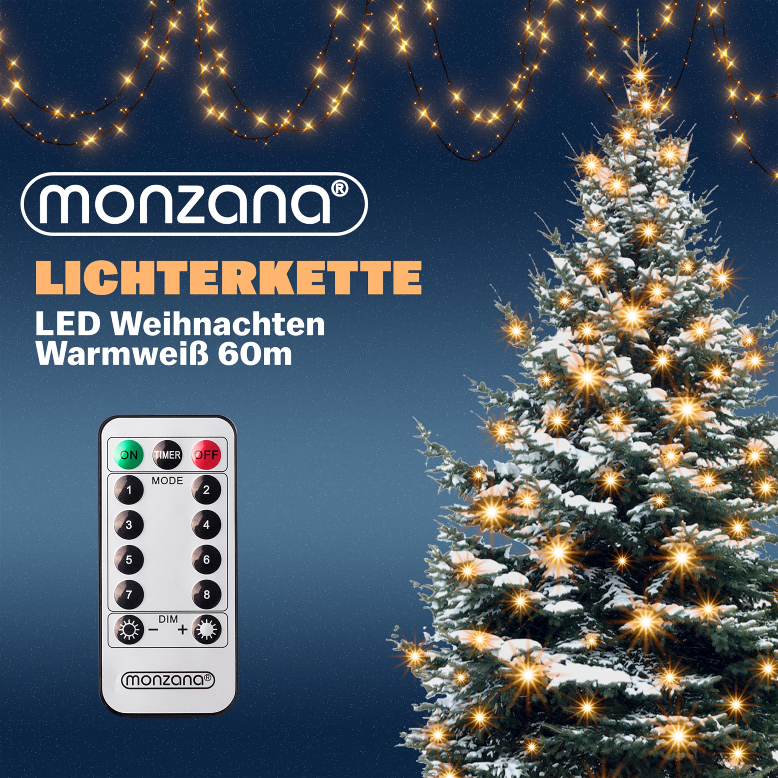 MONZANA® 600 LED String Lights 60m with Remote Control & Timer - 8 Modes, Dimmable, IP44 Waterproof for Indoor/Outdoor Use - Christmas Lights, Party Decor, Garden, Patio, Wedding Warm White Lighting