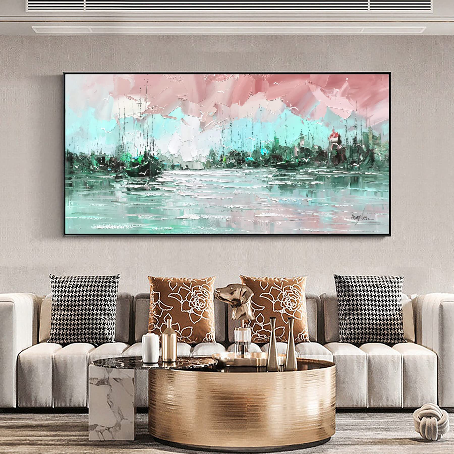 Original Hand-Painted Ocean Oil Painting on Canvas - Nautical Christmas Decor, Large Wall Art (96x48 Inch Unframed) - Perfect for Home Decor, Housewarming Gifts & Coastal Living Rooms
