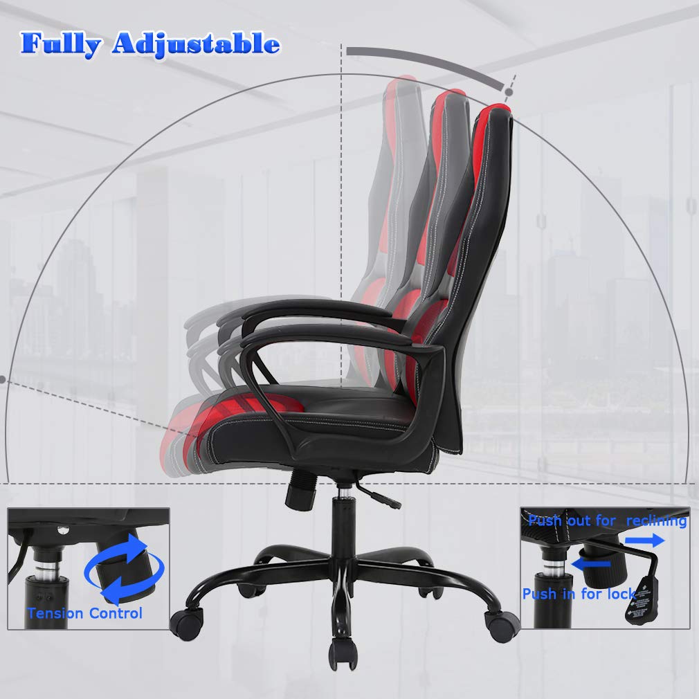 Ergonomic PU Leather Office Chair - Adjustable PC Gaming & Executive Desk Chair with Lumbar Support for Women & Men (Red) - Perfect for Home Office, Gaming Setup & Workspace Comfort