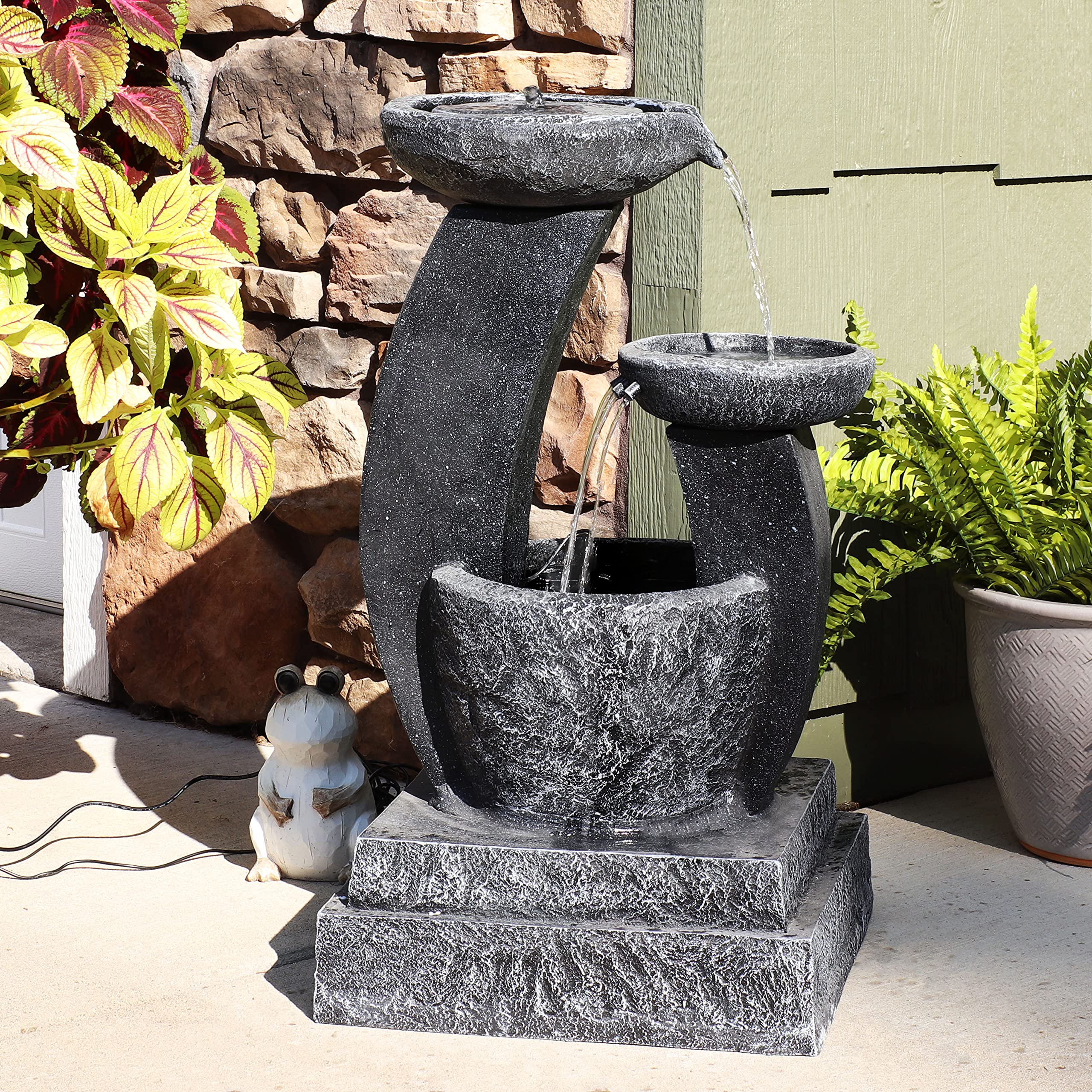 Sunnydaze 28-Inch Modern Solar Water Fountain with Cascading Bowls, Battery Backup & LED Lights - Outdoor Garden Decor, Patio, Yard Feature with Submersible Pump for Relaxing Ambience