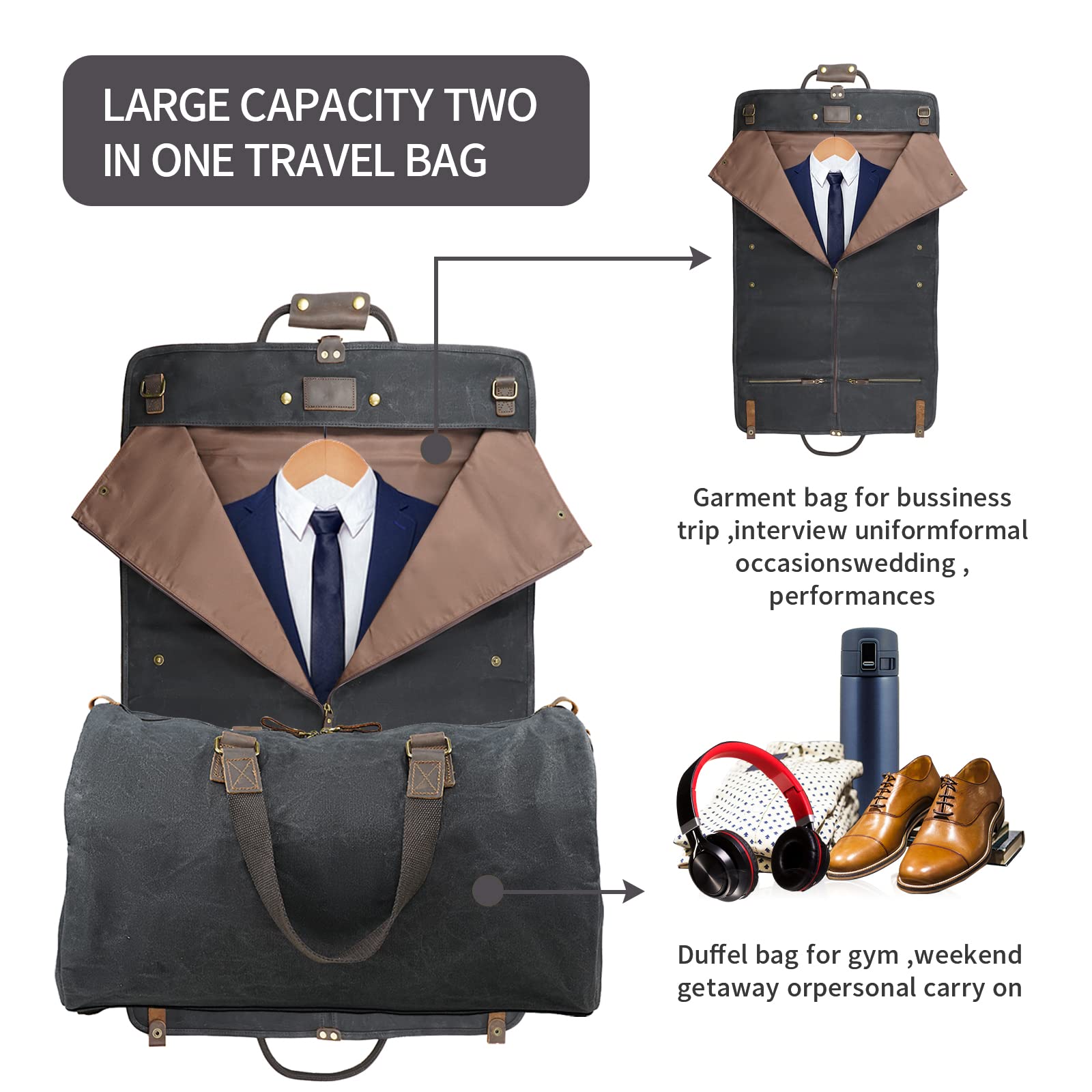 2 in 1 Canvas Leather Suit Luggage Garment Bag with Adjustable Shoulder Strap - Waxed Black Travel Duffel for Business Trips, Weekend Getaways & Formal Events